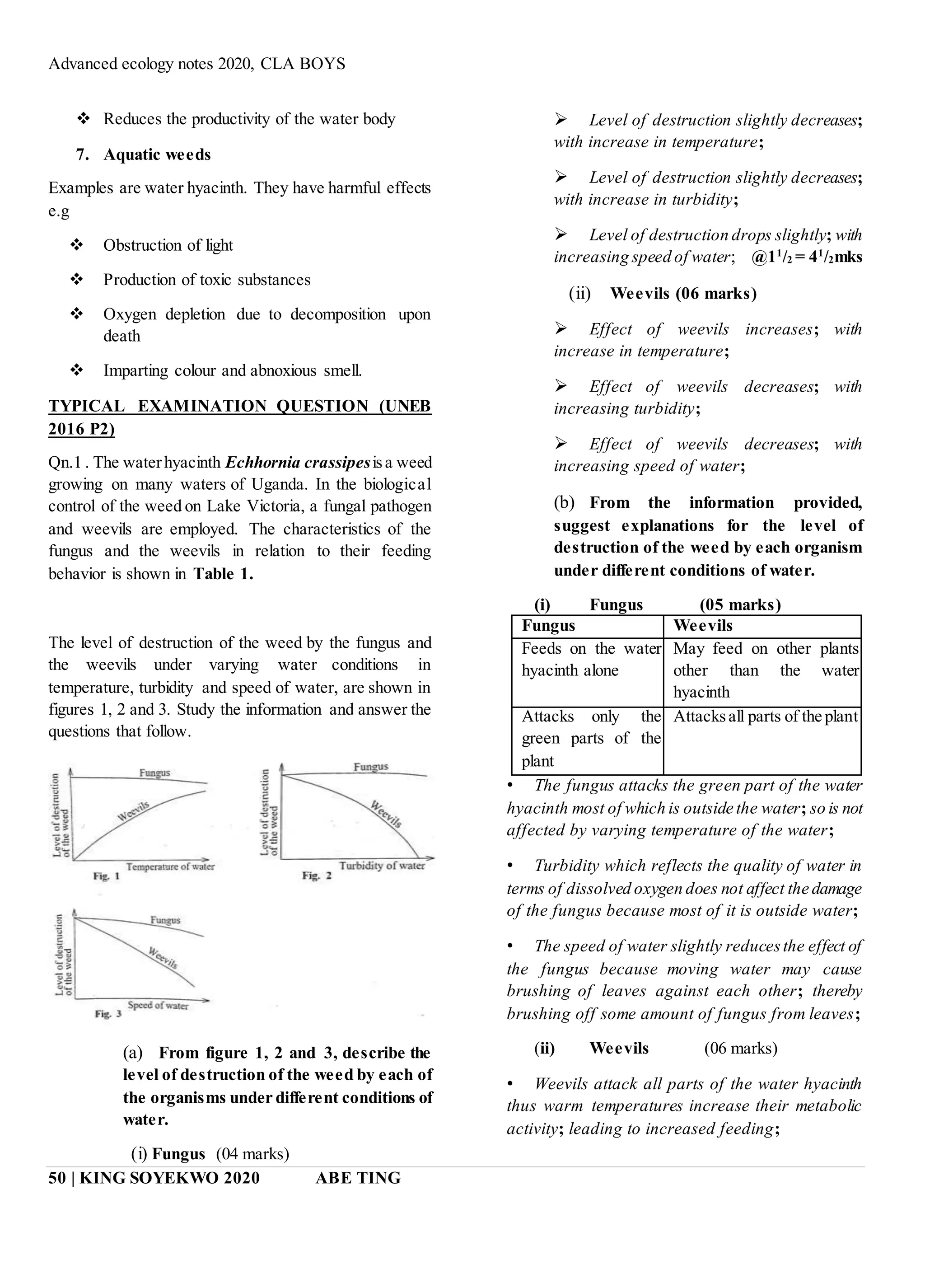 Advanced ecology notes 2020, CLA BOYS
50 | KING SOYEKWO 2020 ABE TING
 Reduces the productivity of the water body
7. Aquatic weeds
Examples are water hyacinth. They have harmful effects
e.g
 Obstruction of light
 Production of toxic substances
 Oxygen depletion due to decomposition upon
death
 Imparting colour and abnoxious smell.
TYPICAL EXAMINATION QUESTION (UNEB
2016 P2)
Qn.1 . The waterhyacinth Echhornia crassipesisa weed
growing on many waters of Uganda. In the biological
control of the weed on Lake Victoria, a fungal pathogen
and weevils are employed. The characteristics of the
fungus and the weevils in relation to their feeding
behavior is shown in Table 1.
The level of destruction of the weed by the fungus and
the weevils under varying water conditions in
temperature, turbidity and speed of water, are shown in
figures 1, 2 and 3. Study the information and answer the
questions that follow.
(a) From figure 1, 2 and 3, describe the
level of destruction of the weed by each of
the organisms under different conditions of
water.
(i) Fungus (04 marks)
 Level of destruction slightly decreases;
with increase in temperature;
 Level of destruction slightly decreases;
with increase in turbidity;
 Level of destruction drops slightly; with
increasing speed of water; @11
/2 = 41
/2mks
(ii) Weevils (06 marks)
 Effect of weevils increases; with
increase in temperature;
 Effect of weevils decreases; with
increasing turbidity;
 Effect of weevils decreases; with
increasing speed of water;
(b) From the information provided,
suggest explanations for the level of
destruction of the weed by each organism
under different conditions of water.
(i) Fungus (05 marks)
• The fungus attacks the green part of the water
hyacinth most of which is outside the water; so is not
affected by varying temperature of the water;
• Turbidity which reflects the quality of water in
terms of dissolved oxygen does not affect the damage
of the fungus because most of it is outside water;
• The speed of water slightly reducesthe effect of
the fungus because moving water may cause
brushing of leaves against each other; thereby
brushing off some amount of fungus from leaves;
(ii) Weevils (06 marks)
• Weevils attack all parts of the water hyacinth
thus warm temperatures increase their metabolic
activity; leading to increased feeding;
Fungus Weevils
Feeds on the water
hyacinth alone
May feed on other plants
other than the water
hyacinth
Attacks only the
green parts of the
plant
Attacksall parts of the plant
 