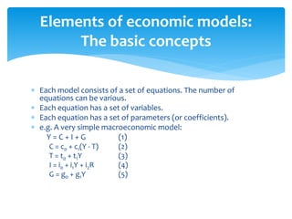 Elements of economic models:
The basic concepts
 Each model consists of a set of equations. The number of
equations can be various.
 Each equation has a set of variables.
 Each equation has a set of parameters (or coefficients).
 e.g. A very simple macroeconomic model:
Y = C + I + G (1)
C = c0 + c1(Y - T) (2)
T = t0 + t1Y (3)
I = i0 + i1Y + i2R (4)
G = g0 + g1Y (5)
 