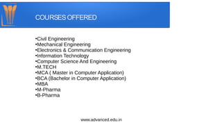 COURSESOFFERED
www.advanced.edu.in
●
Civil Engineering
●
Mechanical Engineering
●
Electronics & Communication Engineering
●
Information Technology
●
Computer Science And Engineering
●
M.TECH
●
MCA ( Master in Computer Application)
●
BCA (Bachelor in Computer Application)
●
MBA
●
M-Pharma
●
B-Pharma
 