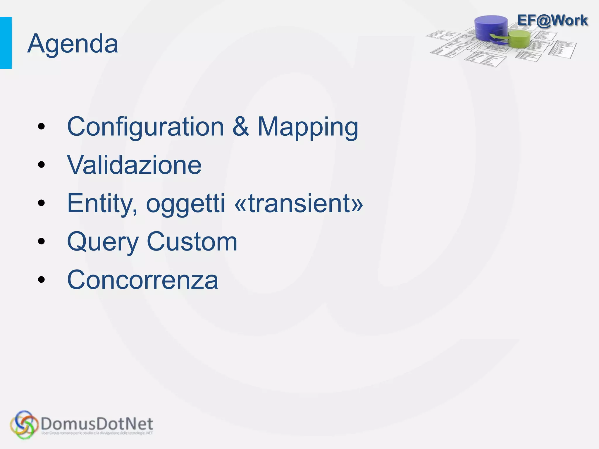 EF@Work
• Configuration & Mapping
• Validazione
• Entity, oggetti «transient»
• Query Custom
• Concorrenza
Agenda
 