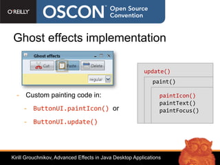 Ghost effects implementation

                                                         update()
                                                             paint()

  - Custom painting code in:                                    paintIcon()
                                                                paintText()
     - ButtonUI.paintIcon() or                                  paintFocus()
     - ButtonUI.update()




Kirill Grouchnikov, Advanced Effects in Java Desktop Applications
 
