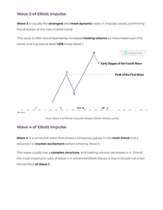 Wave 3 of Elliott Impulse
Wave 3 is usually the strongest and most dynamic wave in impulse waves, con
fi
rming
the direction of the new market trend.
This wave is often accompanied by increased trading volume as more traders join the
trend, and it grows at least 1.618 times Wave 1.
Wave 4 of Elliott Impulse
How Wave 3 of Elliott Impulse Waves (Elliott Wave) works
Wave 4 is a corrective wave that shows a temporary pause in the main trend and a
reduction in market excitement before entering Wave 5.
This wave usually has a complex structure, and trading volume decreases in it. One of
the most important rules of Wave 4 in advanced Elliott Waves is that it should not enter
the territory of Wave 1.
 