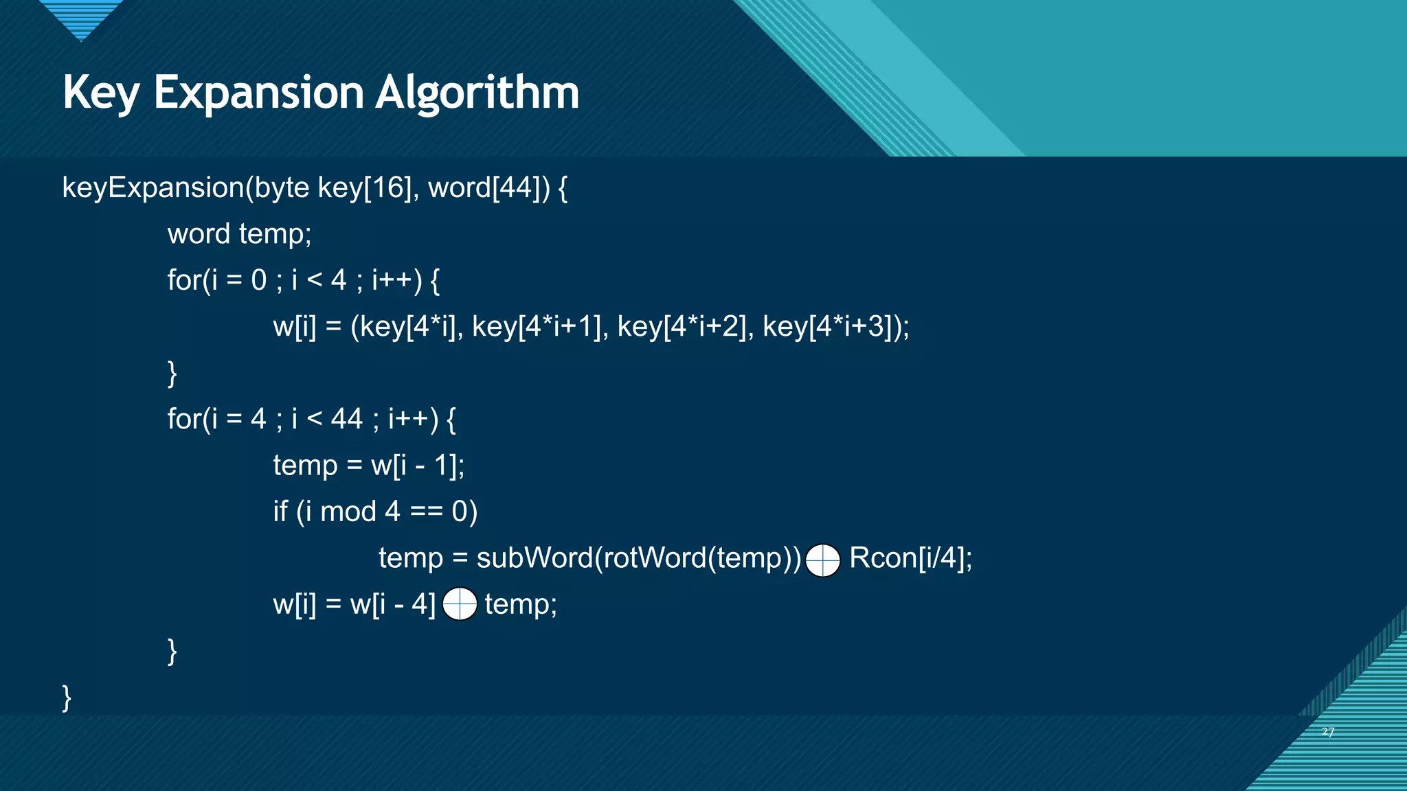 Click to edit Master title style
27
Key Expansion Algorithm
27
keyExpansion(byte key[16], word[44]) {
word temp;
for(i = 0 ; i < 4 ; i++) {
w[i] = (key[4*i], key[4*i+1], key[4*i+2], key[4*i+3]);
}
for(i = 4 ; i < 44 ; i++) {
temp = w[i - 1];
if (i mod 4 == 0)
temp = subWord(rotWord(temp)) Rcon[i/4];
w[i] = w[i - 4] temp;
}
}
 