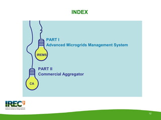 IREMS
12
INDEX
PART I
Advanced Microgrids Management System
PART II
Commercial Aggregator
CA
 