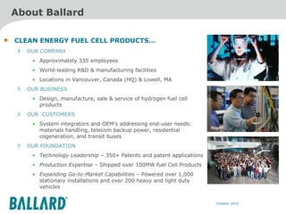 About Ballard CLEAN ENERGY FUEL CELL PRODUCTS… OUR COMPANY Approximately 335 employees World-leading R&D & manufacturing facilities Locations in Vancouver, Canada (HQ) & Lowell, MA  OUR BUSINESS Design, manufacture, sale & service of hydrogen fuel cell products OUR  CUSTOMERS System integrators and OEM’s addressing end-user needs: materials handling, telecom backup power, residential cogeneration, and transit buses OUR FOUNDATION Technology Leadership  – 350+ Patents and patent applications Production Expertise  – Shipped over 100MW fuel Cell Products Expanding Go-to-Market Capabilities  – Powered over 1,000 stationary installations and over 200 heavy and light duty vehicles 