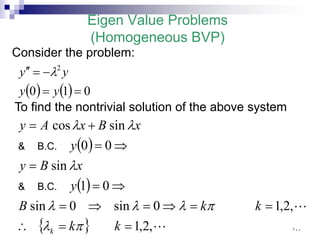 Eigen Value Problems
(Homogeneous BVP)
Consider the problem:
( ) ( ) 0
1
0
2
=
=
−
=
′
′
y
y
y
y λ
To find the nontrivial solution of the above system
( )
( )
{ } 

,
2
,
1
,
2
,
1
0
sin
0
sin
0
1
sin
0
0
sin
cos
=
=
∴
=
=
⇒
=
⇒
=
⇒
=
=
⇒
=
+
=
k
k
k
k
B
y
x
B
y
y
x
B
x
A
y
k π
λ
π
λ
λ
λ
λ
λ
λ
B.C.
&
B.C.
&
١٠٠
 