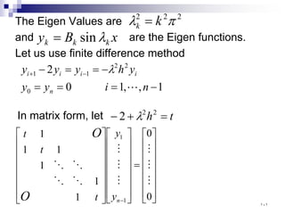 The Eigen Values are
and are the Eigen functions.
Let us use finite difference method
2
2
2
π
λ k
k =
x
B
y k
k
k λ
sin
=
1
,
,
1
0
2
0
2
2
1
1
−
=
=
=
−
=
=
− −
+
n
i
y
y
y
h
y
y
y
n
i
i
i
i

λ
In matrix form, let t
h =
+
− 2
2
2 λ
















=
































− 0
0
1
1
1
1
1
1
1
1










n
y
y
t
t
t
O
O
١٠١
 