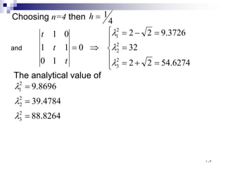 Choosing n=4 then 4
1
=
h







=
+
=
=
=
−
=
⇒
=
6274
.
54
2
2
32
3726
.
9
2
2
0
1
0
1
1
0
1
2
3
2
2
2
1
λ
λ
λ
t
t
t
and
The analytical value of
8264
.
88
4784
.
39
8696
.
9
2
3
2
2
2
1
=
=
=
λ
λ
λ
١٠٣
 