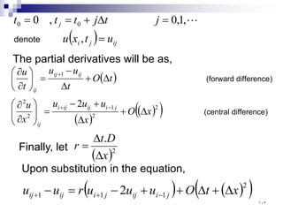 ( ) ij
j
i
j
u
t
x
u
j
t
j
t
t
t
=
=
∆
+
=
=
,
,
1
,
0
,
0 0
0
denote

The partial derivatives will be as,
( )
( )
( )
( ) )
difference
(central
)
difference
(forward
2
2
1
2
2
1
2
x
O
x
u
u
u
x
u
t
O
t
u
u
t
u
j
i
ij
ij
i
ij
ij
ij
ij
∆
+
∆
+
−
=








∂
∂
∆
+
∆
−
=






∂
∂
−
+
+
Finally, let
( )2
.
x
D
t
r
∆
∆
=
Upon substitution in the equation,
( ) ( )
( )
2
1
1
1 2 x
t
O
u
u
u
r
u
u j
i
ij
j
i
ij
ij ∆
+
∆
+
+
−
=
− −
+
+
١٠٧
 