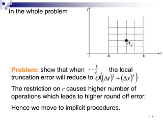 In the whole problem
ij
u
a b
x
t
Problem: show that when the local
truncation error will reduce to
The restriction on r causes higher number of
operations which leads to higher round off error.
Hence we move to implicit procedures.
6
1
=
r
( ) ( )
( )
4
2
x
t
O ∆
+
∆
١٠٩
 