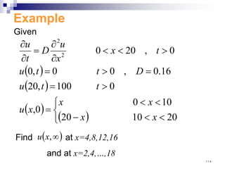Example
Given
( )
( )
( )
( )



<
<
−
<
<
=
>
=
=
>
=
>
<
<
∂
∂
=
∂
∂
20
10
20
10
0
0
,
0
100
,
20
16
.
0
,
0
0
,
0
0
,
20
0
2
2
x
x
x
x
x
u
t
t
u
D
t
t
u
t
x
x
u
D
t
u
Find at x=4,8,12,16
and at x=2,4,…,18
( )
∞
,
x
u
١١٥
 