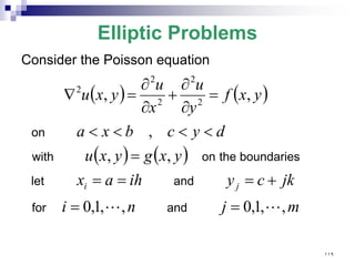 Elliptic Problems
Consider the Poisson equation
( ) ( )
( ) ( )
m
j
n
i
jk
c
y
ih
a
x
y
x
g
y
x
u
d
y
c
b
x
a
y
x
f
y
u
x
u
y
x
u
j
i
,
,
1
,
0
,
,
1
,
0
,
,
,
,
, 2
2
2
2
2

 =
=
+
=
=
=
=
<
<
<
<
=
∂
∂
+
∂
∂
=
∇
and
for
and
let
boundaries
the
on
with
on
١١٩
 
