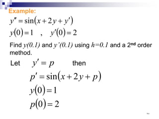 Example:
( )
( ) ( ) 2
0
,
1
0
2
sin
=
′
=
′
+
+
=
′
′
y
y
y
y
x
y
Find y(0.1) and y’(0.1) using h=0.1 and a 2nd order
method.
( )
( )
( ) 2
0
1
0
2
sin
=
=
+
+
=
′
=
′
p
y
p
y
x
p
p
y then
Let
٢٧
 