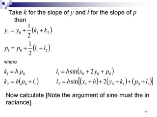 Take k for the slope of y and l for the slope of p
then
( )
( )
( )
( ) ( ) ( ) ( )
[ ]
1
0
1
0
0
2
1
0
2
0
0
0
1
0
1
2
1
0
1
2
1
0
1
2
sin
2
sin
2
1
2
1
l
p
k
y
h
x
h
l
l
p
h
k
p
y
x
h
l
p
h
k
l
l
p
p
k
k
y
y
+
+
+
+
+
=
+
=
+
+
=
=
+
+
=
+
+
=
where
Now calculate [Note the argument of sine must the in
radiance].
٢٨
 