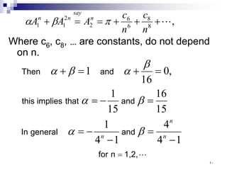 Where c6, c8, … are constants, do not depend
on n.
,
8
8
6
6
2
2
1
1 
+
+
+
=
=
+
n
c
n
c
A
A
A n
say
n
n
π
β
α

1,2,
n
for
and
general
In
and
that
implies
this
and
Then
=
−
=
−
−
=
=
−
=
=
+
=
+
1
4
4
1
4
1
15
16
15
1
,
0
16
1
n
n
n
β
α
β
α
β
α
β
α
٤٠
 