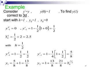 Example
Consider y'=y , y(0)=1 . To find y(1)
correct to 3d .
start with h=1 , y0=1 , x0=0
[ ]
2
1
0
2
1
1
1
1
0
1
1
8
21
8
13
1
8
13
1
8
5
8
5
2
1
1
4
1
1
2
1
2
1
1
2
1
5
.
2
2
2
1
2
1
0
1
2
1
1
,
0
Y
y
y
y
y
h
Y
y
y
c
E
c
E
=
=
+
=
=
+
=
=






+
−
=
=
−
=
=
=
+
=
=
+
−
=
=
−
−
−
−
with
٥٣
 