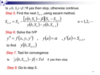 Is y(b, S1)=β ? If yes then stop, otherwise continue.
Step 5. Find the next Sn+1 ,using secant method.
( )
[ ]( )
( ) ( )

,
2
,
1
,
,
,
1
1
1 =
−
−
−
−
=
−
−
+ n
S
b
y
S
b
y
S
S
S
b
y
S
S
n
n
n
n
n
n
n
β
Step 6. Solve the IVP
( ) ( ) ( )
( )
1
1
,
,
,
,
,
,
+
+
=
′
=
′
=
′
′
n
n
S
b
y
S
a
y
a
y
y
y
x
f
y
find
to
α
Step 7. Test for convergence
( ) stop
then
yes
if
Is Tol
S
b
y n <
−
+ β
1
,
Step 8. Go to step 5.
٥٧
 