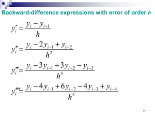 Backward-difference expressions with error of order h
4
4
3
2
1
3
3
2
1
2
2
1
1
4
6
4
3
3
2
h
y
y
y
y
y
y
h
y
y
y
y
y
h
y
y
y
y
h
y
y
y
i
i
i
i
i
i
i
i
i
i
i
i
i
i
i
i
i
i
−
−
−
−
−
−
−
−
−
−
+
−
+
−
=
′
′
′
′
−
+
−
=
′
′
′
+
−
=
′
′
−
=
′
٧٦
 