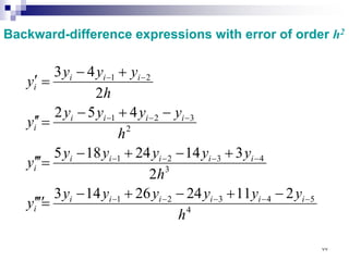 4
5
4
3
2
1
3
4
3
2
1
2
3
2
1
2
1
2
11
24
26
14
3
2
3
14
24
18
5
4
5
2
2
4
3
h
y
y
y
y
y
y
y
h
y
y
y
y
y
y
h
y
y
y
y
y
h
y
y
y
y
i
i
i
i
i
i
i
i
i
i
i
i
i
i
i
i
i
i
i
i
i
i
−
−
−
−
−
−
−
−
−
−
−
−
−
−
−
+
−
+
−
=
′
′
′
′
+
−
+
−
=
′
′
′
−
+
−
=
′
′
+
−
=
′
Backward-difference expressions with error of order h2
٧٧
 