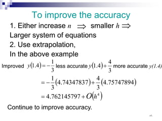 To improve the accuracy
1. Either increase n smaller h
Larger system of equations
2. Use extrapolation,
In the above example
⇒ ⇒
Improved ( )
3
1
4
.
1 −
=
y less accurate ( )
3
4
4
.
1 +
y more accurate y(1.4)
( ) ( )
( )
4
762145797
.
4
75747894
.
4
3
4
74347837
.
4
3
1
h
O
+
=
+
−
=
Continue to improve accuracy.
٨٦
 