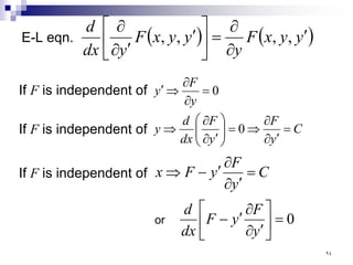 E-L eqn. ( ) ( )
y
y
x
F
y
y
y
x
F
y
dx
d
′
∂
∂
=






′
′
∂
∂
,
,
,
,
If F is independent of 0
=
∂
∂
⇒
′
y
F
y
If F is independent of C
y
F
y
F
dx
d
y =
′
∂
∂
⇒
=








′
∂
∂
⇒ 0
If F is independent of
0
=






′
∂
∂
′
−
=
′
∂
∂
′
−
⇒
y
F
y
F
dx
d
C
y
F
y
F
x
or
٩٤
 