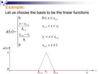 Example:
Let us choose the basis to be the linear functions
( )









≤
<
≤
<
−
<
<
−
≤
≤
=
+
+
+
−
−
−
−
1
0
0
0
1
1
1
1
1
1
1
x
x
x
x
x
h
x
x
x
x
x
h
x
x
x
x
x
i
i
i
i
i
i
i
i
i
i
i
i
φ
( )
x
i
φ
x
0
1
1
−
i
x i
x 1
+
i
x 1
٩٧
 