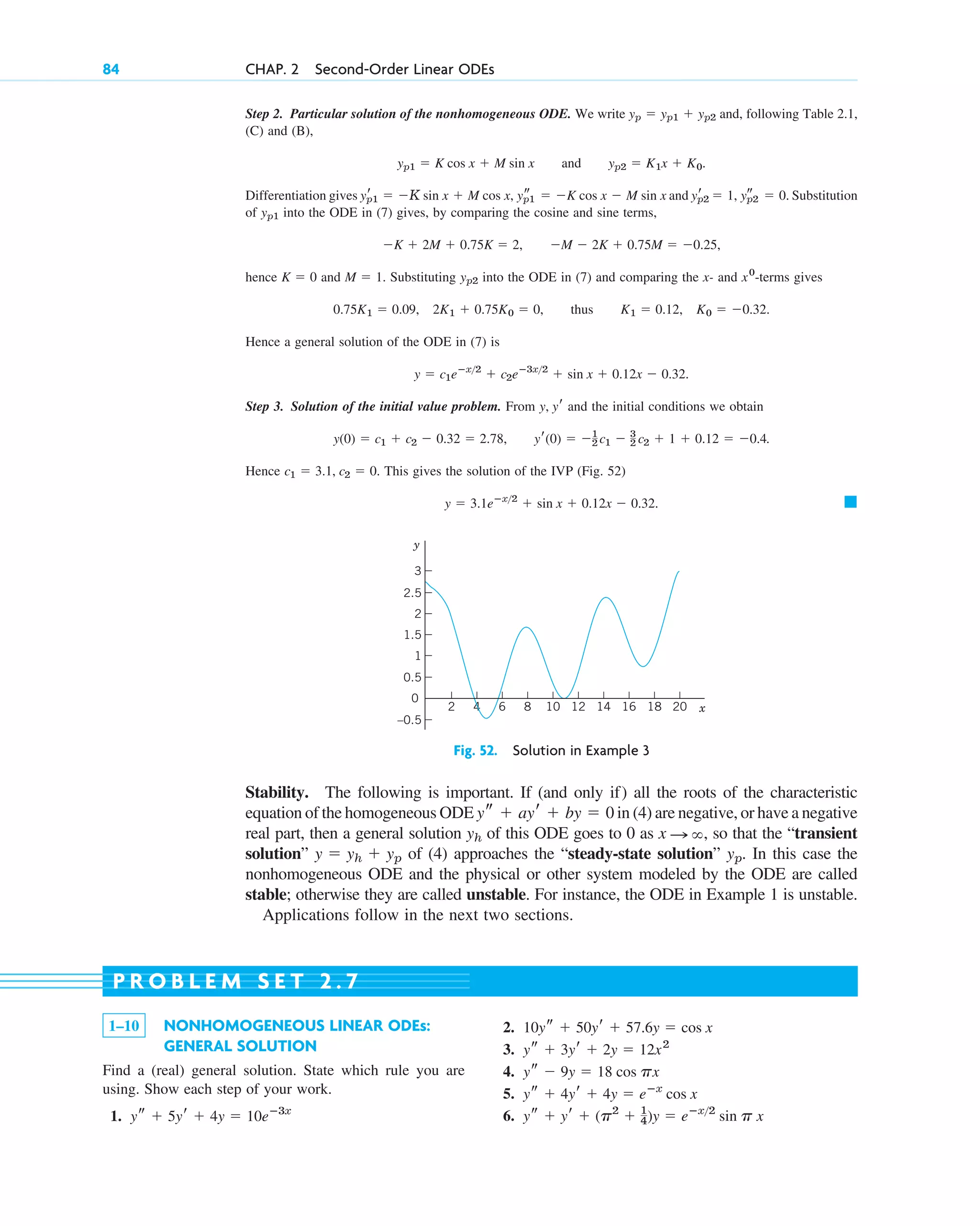 Step 2. Particular solution of the nonhomogeneous ODE. We write and, following Table 2.1,
(C) and (B),
and
Differentiation gives and Substitution
of into the ODE in (7) gives, by comparing the cosine and sine terms,
hence and Substituting into the ODE in (7) and comparing the - and -terms gives
thus
Hence a general solution of the ODE in (7) is
Step 3. Solution of the initial value problem. From and the initial conditions we obtain
.
Hence This gives the solution of the IVP (Fig. 52)
䊏
y  3.1eⴚx2
 sin x  0.12x  0.32.
c1  3.1, c2  0.
y(0)  c1  c2  0.32  2.78, yr(0)  1
2 c1  3
2 c2  1  0.12  0.4
y, yr
y  c1eⴚx2
 c2eⴚ3x2
 sin x  0.12x  0.32.
K1  0.12, K0  0.32.
0.75K1  0.09, 2K1  0.75K0  0,
x0
x
yp2
M  1.
K  0
K  2M  0.75K  2, M  2K  0.75M  0.25,
yp1
yp2
r  1, yp2
s  0.
yp1
r  K sin x  M cos x, yp1
s  K cos x  M sin x
yp2  K1x  K0.
yp1  K cos x  M sin x
yp  yp1  yp2
84 CHAP. 2 Second-Order Linear ODEs
Fig. 52. Solution in Example 3
x
2 4 6 8 10 12 14 16 18 20
y
0
0.5
1
1.5
2
2.5
3
–0.5
Stability. The following is important. If (and only if) all the roots of the characteristic
equation of the homogeneous ODE in (4) are negative, or have a negative
real part, then a general solution of this ODE goes to 0 as , so that the “transient
solution” of (4) approaches the “steady-state solution” . In this case the
nonhomogeneous ODE and the physical or other system modeled by the ODE are called
stable; otherwise they are called unstable. For instance, the ODE in Example 1 is unstable.
Applications follow in the next two sections.
yp
y  yh  yp
x :
yh
ys  ayr  by  0
1–10 NONHOMOGENEOUS LINEAR ODEs:
GENERAL SOLUTION
Find a (real) general solution. State which rule you are
using. Show each step of your work.
1. ys  5yr  4y  10eⴚ3x
2.
3.
4.
5.
6. ys  yr  (p2
 1
4)y  eⴚx2
sin p x
ys  4yr  4y  eⴚx
cos x
ys  9y  18 cos px
ys  3yr  2y  12x2
10ys  50yr  57.6y  cos x
P R O B L E M S E T 2 . 7
c02.qxd 10/27/10 6:06 PM Page 84
 