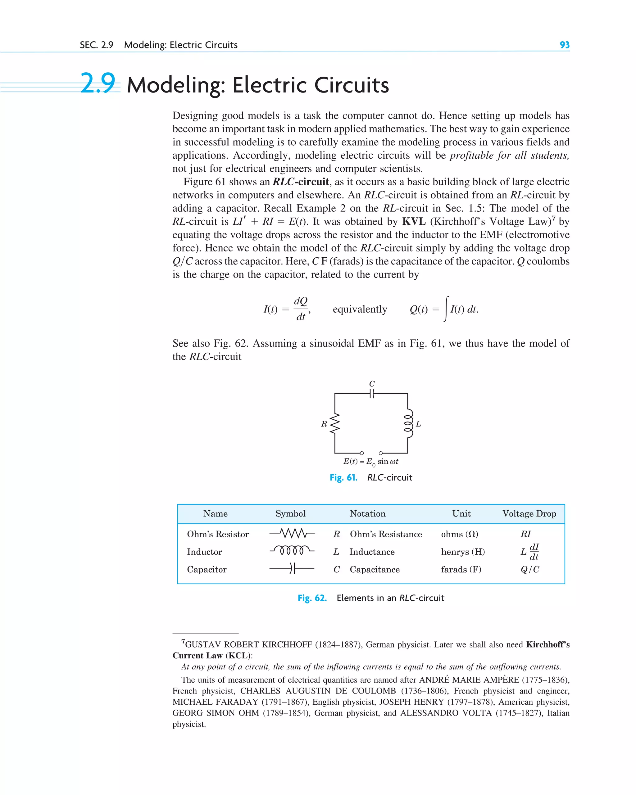 2.9 Modeling: Electric Circuits
Designing good models is a task the computer cannot do. Hence setting up models has
become an important task in modern applied mathematics. The best way to gain experience
in successful modeling is to carefully examine the modeling process in various fields and
applications. Accordingly, modeling electric circuits will be profitable for all students,
not just for electrical engineers and computer scientists.
Figure 61 shows an RLC-circuit, as it occurs as a basic building block of large electric
networks in computers and elsewhere. An RLC-circuit is obtained from an RL-circuit by
adding a capacitor. Recall Example 2 on the RL-circuit in Sec. 1.5: The model of the
RL-circuit is It was obtained by KVL (Kirchhoff’s Voltage Law)7
by
equating the voltage drops across the resistor and the inductor to the EMF (electromotive
force). Hence we obtain the model of the RLC-circuit simply by adding the voltage drop
Q C across the capacitor. Here, C F (farads) is the capacitance of the capacitor. Q coulombs
is the charge on the capacitor, related to the current by
See also Fig. 62. Assuming a sinusoidal EMF as in Fig. 61, we thus have the model of
the RLC-circuit
I(t) 
dQ
dt
, equivalently Q(t)  冮I(t) dt.

LIr  RI  E(t).
SEC. 2.9 Modeling: Electric Circuits 93
7
GUSTAV ROBERT KIRCHHOFF (1824–1887), German physicist. Later we shall also need Kirchhoff’s
Current Law (KCL):
At any point of a circuit, the sum of the inflowing currents is equal to the sum of the outflowing currents.
The units of measurement of electrical quantities are named after ANDRÉ MARIE AMPÈRE (1775–1836),
French physicist, CHARLES AUGUSTIN DE COULOMB (1736–1806), French physicist and engineer,
MICHAEL FARADAY (1791–1867), English physicist, JOSEPH HENRY (1797–1878), American physicist,
GEORG SIMON OHM (1789–1854), German physicist, and ALESSANDRO VOLTA (1745–1827), Italian
physicist.
R L
C
E(t) = E0
sin ωt
ω
Fig. 61. RLC-circuit
Fig. 62. Elements in an RLC-circuit
Name
Ohm’s Resistor
Inductor
Capacitor
Symbol Notation
R Ohm’s Resistance
L Inductance
C Capacitance
Unit
ohms ( )
henrys (H)
farads (F)
Voltage Drop
RI
L
Q/C
dI
dt
c02.qxd 10/27/10 6:06 PM Page 93
 