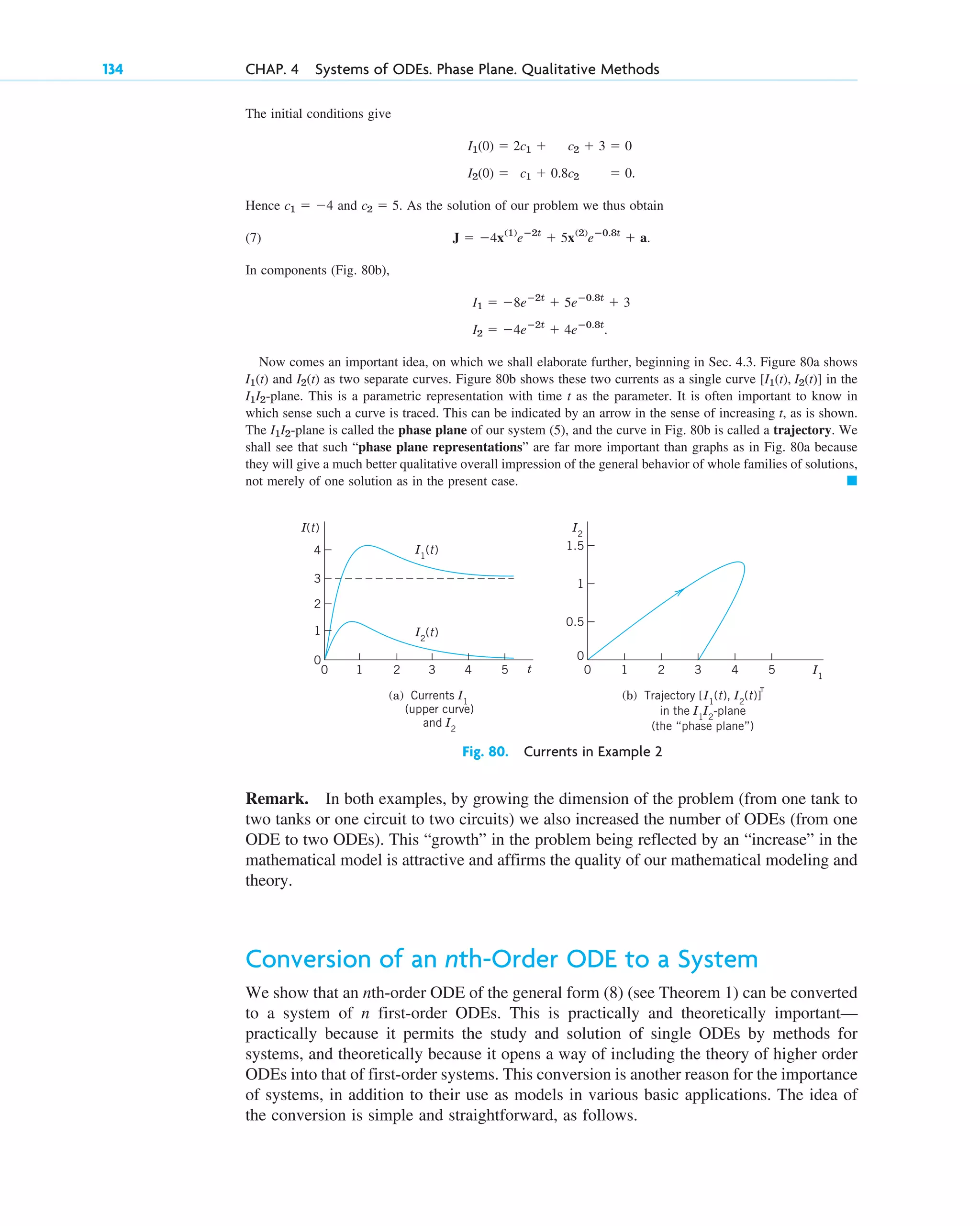 The initial conditions give
Hence and . As the solution of our problem we thus obtain
(7)
In components (Fig. 80b),
Now comes an important idea, on which we shall elaborate further, beginning in Sec. 4.3. Figure 80a shows
and as two separate curves. Figure 80b shows these two currents as a single curve in the
-plane. This is a parametric representation with time t as the parameter. It is often important to know in
which sense such a curve is traced. This can be indicated by an arrow in the sense of increasing t, as is shown.
The -plane is called the phase plane of our system (5), and the curve in Fig. 80b is called a trajectory. We
shall see that such “phase plane representations” are far more important than graphs as in Fig. 80a because
they will give a much better qualitative overall impression of the general behavior of whole families of solutions,
not merely of one solution as in the present case. 䊏
I1I2
I1I2
[I1(t), I2(t)]
I2(t)
I1(t)
I2 ⫽ ⫺4eⴚ2t
⫹ 4eⴚ0.8t
.
I1 ⫽ ⫺8eⴚ2t
⫹ 5eⴚ0.8t
⫹ 3
J ⫽ ⫺4x(1)
eⴚ2t
⫹ 5x(2)
eⴚ0.8t
⫹ a.
c2 ⫽ 5
c1 ⫽ ⫺4
I2(0) ⫽ c1 ⫹ 0.8c2 ⫽ 0.
I1(0) ⫽ 2c1 ⫹ c2 ⫹ 3 ⫽ 0
134 CHAP. 4 Systems of ODEs. Phase Plane. Qualitative Methods
0.5
0
1
5
4
3
2
1
0
1.5
I1
I2
1
0
2
5
4
3
2
1
0
3
4
t
I(t)
(a) Currents I1
(upper curve)
and I2
(b) Trajectory [I1
(t), I2
(t)]
in the I1
I2
-plane
(the “phase plane”)
I1
(t)
I2
(t)
Fig. 80. Currents in Example 2
Remark. In both examples, by growing the dimension of the problem (from one tank to
two tanks or one circuit to two circuits) we also increased the number of ODEs (from one
ODE to two ODEs). This “growth” in the problem being reflected by an “increase” in the
mathematical model is attractive and affirms the quality of our mathematical modeling and
theory.
Conversion of an nth-Order ODE to a System
We show that an nth-order ODE of the general form (8) (see Theorem 1) can be converted
to a system of n first-order ODEs. This is practically and theoretically important—
practically because it permits the study and solution of single ODEs by methods for
systems, and theoretically because it opens a way of including the theory of higher order
ODEs into that of first-order systems. This conversion is another reason for the importance
of systems, in addition to their use as models in various basic applications. The idea of
the conversion is simple and straightforward, as follows.
c04.qxd 10/27/10 9:32 PM Page 134
 
