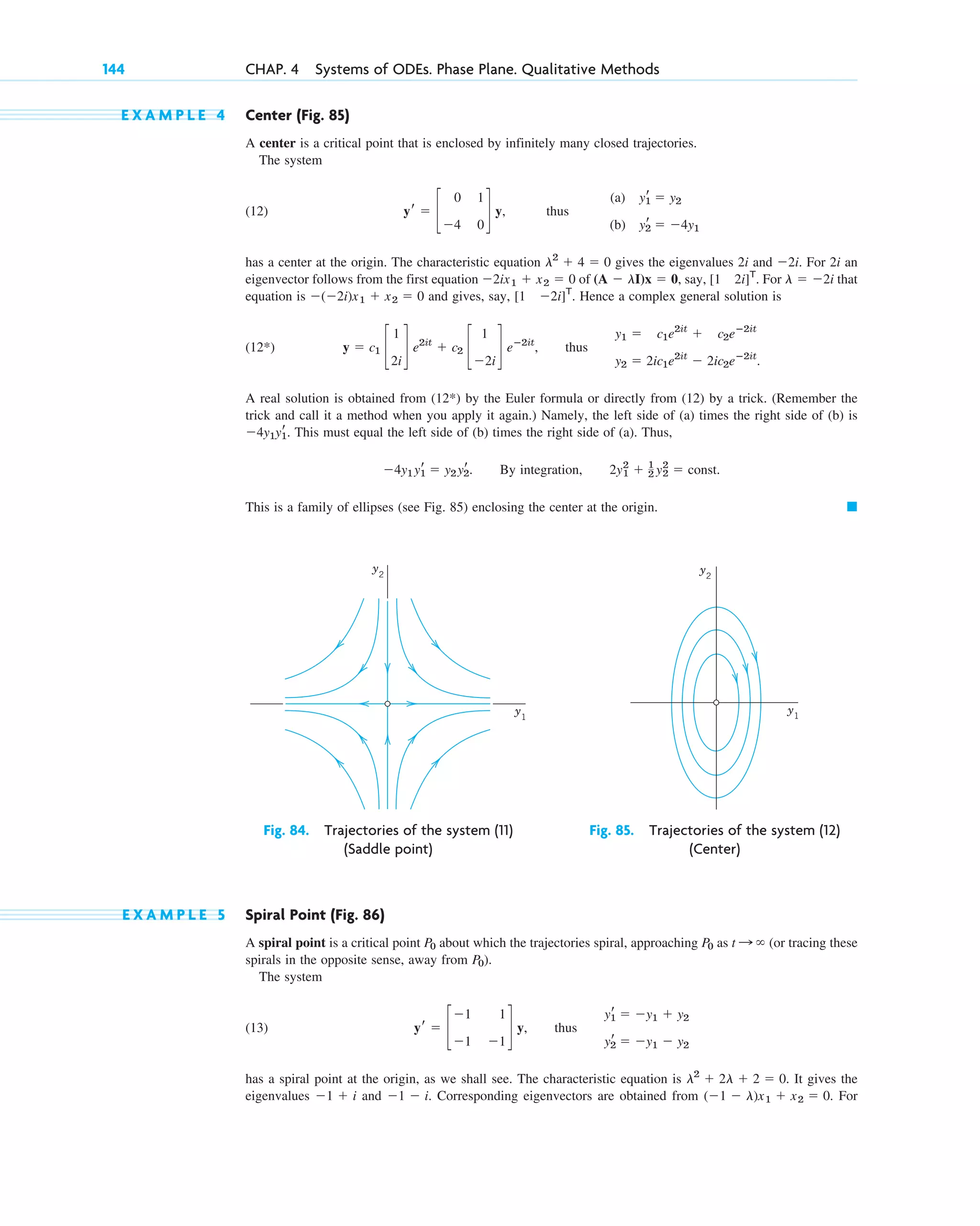 E X A M P L E 4 Center (Fig. 85)
A center is a critical point that is enclosed by infinitely many closed trajectories.
The system
(12)
has a center at the origin. The characteristic equation gives the eigenvalues 2i and . For 2i an
eigenvector follows from the first equation of , say, . For that
equation is and gives, say, . Hence a complex general solution is
(12 )
A real solution is obtained from (12 ) by the Euler formula or directly from (12) by a trick. (Remember the
trick and call it a method when you apply it again.) Namely, the left side of (a) times the right side of (b) is
. This must equal the left side of (b) times the right side of (a). Thus,
. By integration, .
This is a family of ellipses (see Fig. 85) enclosing the center at the origin. 䊏
2y1
2
⫹ 1
2 y2
2
⫽ const
⫺4y1y1
r ⫽ y2y2
r
⫺4y1y1
r
*
y ⫽ c1 c
1
2i
d e2it
⫹ c2 c
1
⫺2i
d eⴚ2it
, thus
y1 ⫽ c1e2it
⫹ c2eⴚ2it
y2 ⫽ 2ic1e2it
⫺ 2ic2eⴚ2it
.
*
[1 ⫺2i]T
⫺(⫺2i)x1 ⫹ x2 ⫽ 0
l ⫽ ⫺2i
[1 2i]T
(A ⫺ lI)x ⫽ 0
⫺2ix1 ⫹ x2 ⫽ 0
⫺2i
l2
⫹ 4 ⫽ 0
yr ⫽ c
0 1
⫺4 0
d y, thus
(a)
(b)
y1
r ⫽ y2
y2
r ⫽ ⫺4y1
144 CHAP. 4 Systems of ODEs. Phase Plane. Qualitative Methods
y2
y1
Fig. 84. Trajectories of the system (11)
(Saddle point)
y2
y1
Fig. 85. Trajectories of the system (12)
(Center)
E X A M P L E 5 Spiral Point (Fig. 86)
A spiral point is a critical point about which the trajectories spiral, approaching as (or tracing these
spirals in the opposite sense, away from ).
The system
(13)
has a spiral point at the origin, as we shall see. The characteristic equation is . It gives the
eigenvalues and . Corresponding eigenvectors are obtained from . For
(⫺1 ⫺ l)x1 ⫹ x2 ⫽ 0
⫺1 ⫺ i
⫺1 ⫹ i
l2
⫹ 2l ⫹ 2 ⫽ 0
yr ⫽ c
⫺1 1
⫺1 ⫺1
d y, thus
y1
r ⫽ ⫺y1 ⫹ y2
y2
r ⫽ ⫺y1 ⫺ y2
P0
t : ⬁
P0
P0
c04.qxd 10/27/10 9:32 PM Page 144
 