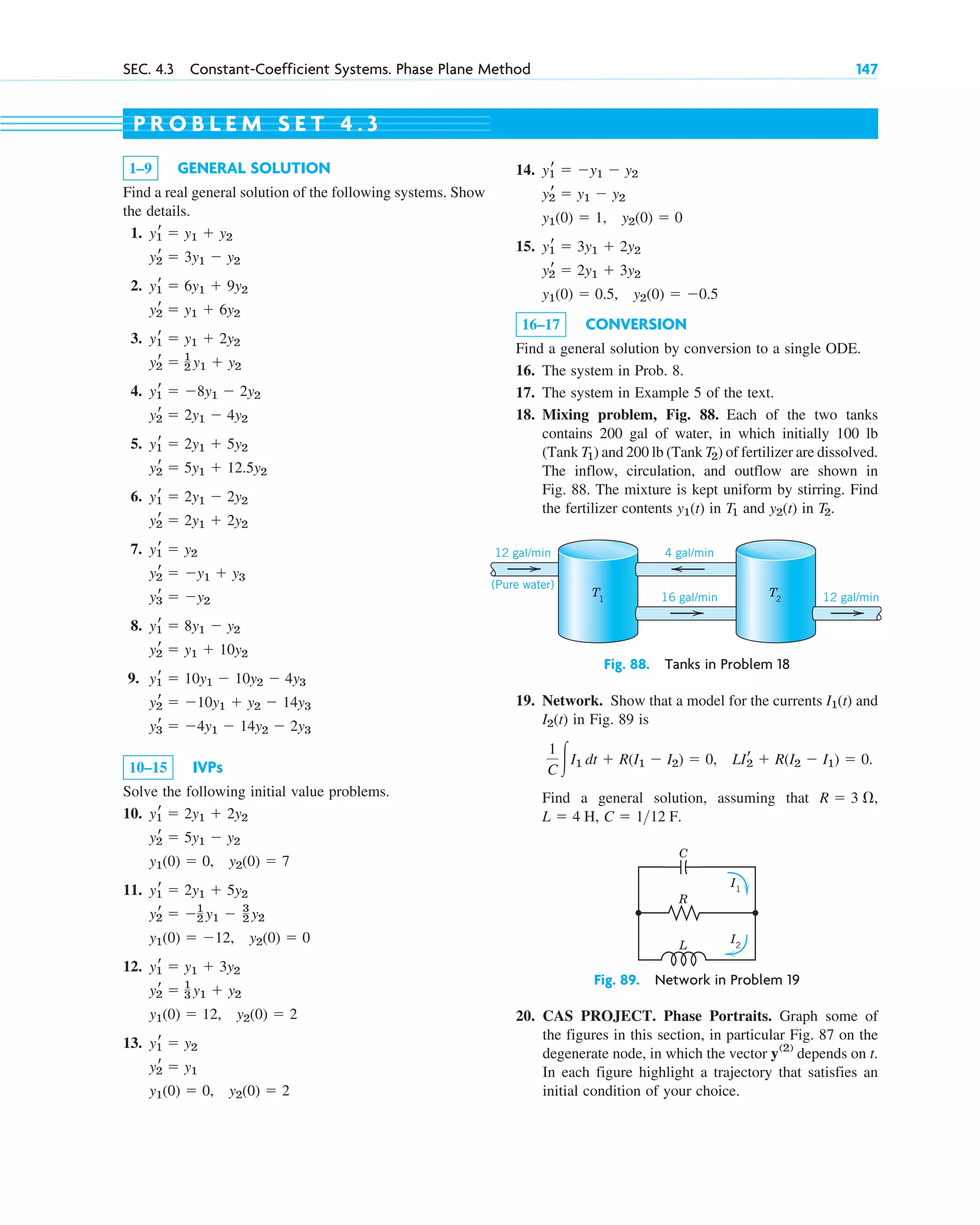SEC. 4.3 Constant-Coefficient Systems. Phase Plane Method 147
1–9 GENERAL SOLUTION
Find a real general solution of the following systems. Show
the details.
1.
2.
3.
4.
5.
6.
7.
8.
9.
10–15 IVPs
Solve the following initial value problems.
10.
11.
12.
13.
y1(0) ⫽ 0, y2(0) ⫽ 2
y2
r ⫽ y1
y1
r ⫽ y2
y1(0) ⫽ 12, y2(0) ⫽ 2
y2
r ⫽ 1
3 y1 ⫹ y2
y1
r ⫽ y1 ⫹ 3y2
y1(0) ⫽ ⫺12, y2(0) ⫽ 0
y2
r ⫽ ⫺1
2 y1 ⫺ 3
2 y2
y1
r ⫽ 2y1 ⫹ 5y2
y1(0) ⫽ 0, y2(0) ⫽ 7
y2
r ⫽ 5y1 ⫺ y2
y1
r ⫽ 2y1 ⫹ 2y2
y3
r ⫽ ⫺4y1 ⫺ 14y2 ⫺ 2y3
y2
r ⫽ ⫺10y1 ⫹ y2 ⫺ 14y3
y1
r ⫽ 10y1 ⫺ 10y2 ⫺ 4y3
y2
r ⫽ y1 ⫹ 10y2
y1
r ⫽ 8y1 ⫺ y2
y3
r ⫽ ⫺y2
y2
r ⫽ ⫺y1 ⫹ y3
y1
r ⫽ y2
y2
r ⫽ 2y1 ⫹ 2y2
y1
r ⫽ 2y1 ⫺ 2y2
y2
r ⫽ 5y1 ⫹ 12.5y2
y1
r ⫽ 2y1 ⫹ 5y2
y2
r ⫽ 2y1 ⫺ 4y2
y1
r ⫽ ⫺8y1 ⫺ 2y2
y2
r ⫽ 1
2 y1 ⫹ y2
y1
r ⫽ y1 ⫹ 2y2
y2
r ⫽ y1 ⫹ 6y2
y1
r ⫽ 6y1 ⫹ 9y2
y2
r ⫽ 3y1 ⫺ y2
y1
r ⫽ y1 ⫹ y2
14.
15.
16–17 CONVERSION
Find a general solution by conversion to a single ODE.
16. The system in Prob. 8.
17. The system in Example 5 of the text.
18. Mixing problem, Fig. 88. Each of the two tanks
contains 200 gal of water, in which initially 100 lb
(Tank ) and 200 lb (Tank ) of fertilizer are dissolved.
The inflow, circulation, and outflow are shown in
Fig. 88. The mixture is kept uniform by stirring. Find
the fertilizer contents in and in .
T2
y2(t)
T1
y1(t)
T2
T1
y1(0) ⫽ 0.5, y2(0) ⫽ ⫺0.5
y2
r ⫽ 2y1 ⫹ 3y2
y1
r ⫽ 3y1 ⫹ 2y2
y1(0) ⫽ 1, y2(0) ⫽ 0
y2
r ⫽ y1 ⫺ y2
y1
r ⫽ ⫺y1 ⫺ y2
P R O B L E M S E T 4 . 3
Fig. 88. Tanks in Problem 18
4 gal/min
16 gal/min 12 gal/min
12 gal/min
(Pure water)
T1
T2
19. Network. Show that a model for the currents and
in Fig. 89 is
, .
Find a general solution, assuming that ,
.
C ⫽ 112 F
L ⫽ 4 H,
R ⫽ 3 ⍀
LIr
2 ⫹ R(I2 ⫺ I1) ⫽ 0
1
C 冮I1 dt ⫹ R(I1 ⫺ I2) ⫽ 0
I2(t)
I1(t)
Fig. 89. Network in Problem 19
I1
C
R
L
I2
20. CAS PROJECT. Phase Portraits. Graph some of
the figures in this section, in particular Fig. 87 on the
degenerate node, in which the vector depends on t.
In each figure highlight a trajectory that satisfies an
initial condition of your choice.
y(2)
c04.qxd 10/27/10 9:32 PM Page 147
 