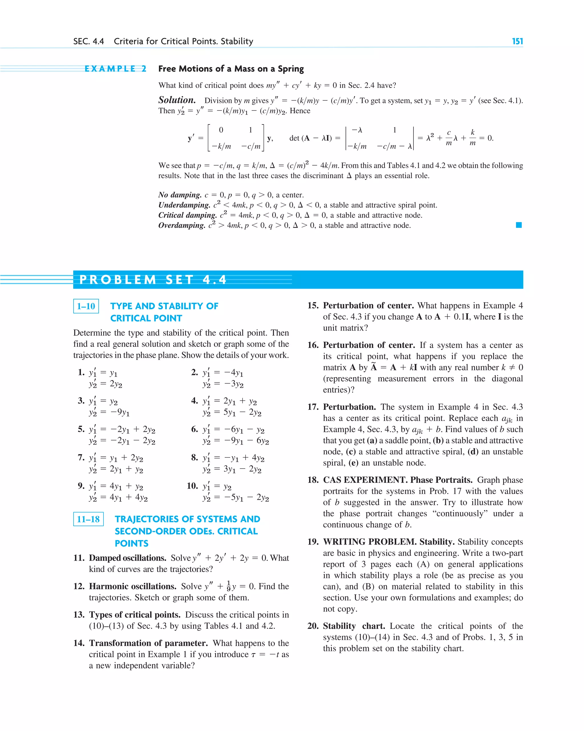E X A M P L E 2 Free Motions of a Mass on a Spring
What kind of critical point does in Sec. 2.4 have?
Solution. Division by m gives . To get a system, set (see Sec. 4.1).
Then . Hence
, .
We see that . From this and Tables 4.1 and 4.2 we obtain the following
results. Note that in the last three cases the discriminant plays an essential role.
No damping. , a center.
Underdamping. , a stable and attractive spiral point.
Critical damping. , a stable and attractive node.
Overdamping. , a stable and attractive node. 䊏
c2
⬎ 4mk, p ⬍ 0, q ⬎ 0, ¢ ⬎ 0
c2
⫽ 4mk, p ⬍ 0, q ⬎ 0, ¢ ⫽ 0
c2
⬍ 4mk, p ⬍ 0, q ⬎ 0, ¢ ⬍ 0
c ⫽ 0, p ⫽ 0, q ⬎ 0
¢
p ⫽ ⫺cm, q ⫽ km, ¢ ⫽ (cm)2
⫺ 4km
det (A ⫺ lI) ⫽ 2
⫺l 1
⫺km ⫺cm ⫺ l
2 ⫽ l2
⫹
c
m
l ⫹
k
m
⫽ 0
yr ⫽ c
0 1
⫺km ⫺cm
d y
yr
2 ⫽ ys ⫽ ⫺(km)y1 ⫺ (cm)y2
y1 ⫽ y, y2 ⫽ yr
ys ⫽ ⫺(km)y ⫺ (cm)yr
mys ⫹ cyr ⫹ ky ⫽ 0
SEC. 4.4 Criteria for Critical Points. Stability 151
1–10 TYPE AND STABILITY OF
CRITICAL POINT
Determine the type and stability of the critical point. Then
find a real general solution and sketch or graph some of the
trajectories in the phase plane. Show the details of your work.
1. 2.
3. 4.
5. 6.
7. 8.
9. 10.
11–18 TRAJECTORIES OF SYSTEMS AND
SECOND-ORDER ODEs. CRITICAL
POINTS
11. Damped oscillations. Solve . What
kind of curves are the trajectories?
12. Harmonic oscillations. Solve Find the
trajectories. Sketch or graph some of them.
13. Types of critical points. Discuss the critical points in
(10)–(13) of Sec. 4.3 by using Tables 4.1 and 4.2.
14. Transformation of parameter. What happens to the
critical point in Example 1 if you introduce as
a new independent variable?
t ⫽ ⫺t
ys ⫹ 1
9 y ⫽ 0.
ys ⫹ 2yr ⫹ 2y ⫽ 0
y2
r ⫽ ⫺5y1 ⫺ 2y2
y2
r ⫽ 4y1 ⫹ 4y2
y1
r ⫽ y2
y1
r ⫽ 4y1 ⫹ y2
y2
r ⫽ 3y1 ⫺ 2y2
y2
r ⫽ 2y1 ⫹ y2
y1
r ⫽ ⫺y1 ⫹ 4y2
y1
r ⫽ y1 ⫹ 2y2
y2
r ⫽ ⫺9y1 ⫺ 6y2
y2
r ⫽ ⫺2y1 ⫺ 2y2
y1
r ⫽ ⫺6y1 ⫺ y2
y1
r ⫽ ⫺2y1 ⫹ 2y2
y2
r ⫽ 5y1 ⫺ 2y2
y2
r ⫽ ⫺9y1
y1
r ⫽ 2y1 ⫹ y2
y1
r ⫽ y2
y2
r ⫽ ⫺3y2
y2
r ⫽ 2y2
y1
r ⫽ ⫺4y1
y1
r ⫽ y1
15. Perturbation of center. What happens in Example 4
of Sec. 4.3 if you change A to , where I is the
unit matrix?
16. Perturbation of center. If a system has a center as
its critical point, what happens if you replace the
matrix A by with any real number
(representing measurement errors in the diagonal
entries)?
17. Perturbation. The system in Example 4 in Sec. 4.3
has a center as its critical point. Replace each in
Example 4, Sec. 4.3, by . Find values of b such
that you get (a) a saddle point, (b) a stable and attractive
node, (c) a stable and attractive spiral, (d) an unstable
spiral, (e) an unstable node.
18. CAS EXPERIMENT. Phase Portraits. Graph phase
portraits for the systems in Prob. 17 with the values
of b suggested in the answer. Try to illustrate how
the phase portrait changes “continuously” under a
continuous change of b.
19. WRITING PROBLEM. Stability. Stability concepts
are basic in physics and engineering. Write a two-part
report of 3 pages each (A) on general applications
in which stability plays a role (be as precise as you
can), and (B) on material related to stability in this
section. Use your own formulations and examples; do
not copy.
20. Stability chart. Locate the critical points of the
systems (10)–(14) in Sec. 4.3 and of Probs. 1, 3, 5 in
this problem set on the stability chart.
ajk ⫹ b
ajk
k ⫽ 0
A
~
⫽ A ⫹ kI
A ⫹ 0.1I
P R O B L E M S E T 4 . 4
c04.qxd 10/27/10 9:32 PM Page 151
 