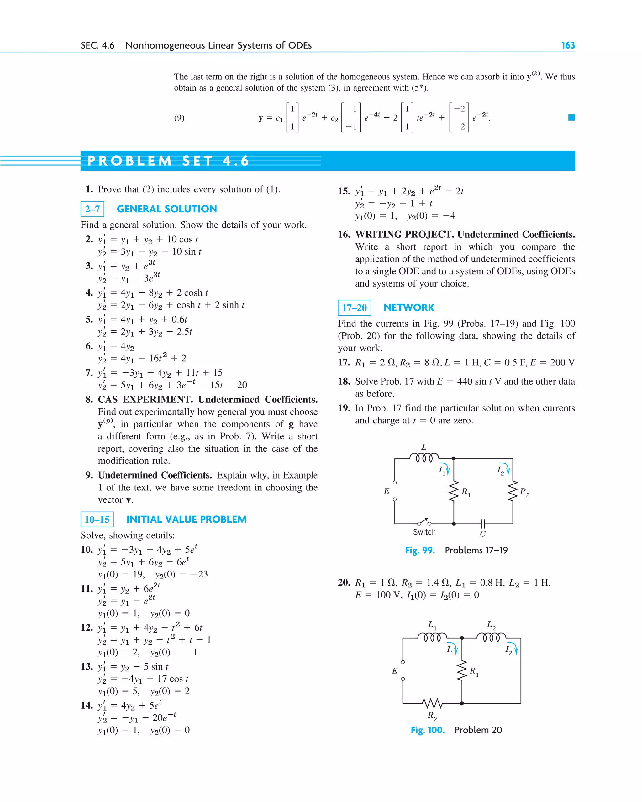 The last term on the right is a solution of the homogeneous system. Hence we can absorb it into . We thus
obtain as a general solution of the system (3), in agreement with .
(9) . 䊏
y ⫽ c1 c
1
1
d eⴚ2t
⫹ c2 c
1
⫺1
d eⴚ4t
⫺ 2 c
1
1
d teⴚ2t
⫹ c
⫺2
2
d eⴚ2t
(5*)
y(h)
SEC. 4.6 Nonhomogeneous Linear Systems of ODEs 163
1. Prove that (2) includes every solution of (1).
2–7 GENERAL SOLUTION
Find a general solution. Show the details of your work.
2.
3.
4.
5.
6.
7.
8. CAS EXPERIMENT. Undetermined Coefficients.
Find out experimentally how general you must choose
, in particular when the components of g have
a different form (e.g., as in Prob. 7). Write a short
report, covering also the situation in the case of the
modification rule.
9. Undetermined Coefficients. Explain why, in Example
1 of the text, we have some freedom in choosing the
vector v.
10–15 INITIAL VALUE PROBLEM
Solve, showing details:
10.
11.
12.
13.
14.
y1(0) ⫽ 1, y2(0) ⫽ 0
yr
2 ⫽ ⫺y1 ⫺ 20eⴚt
yr
1 ⫽ 4y2 ⫹ 5et
y1(0) ⫽ 5, y2(0) ⫽ 2
y2
r ⫽ ⫺4y1 ⫹ 17 cos t
y1
r ⫽ y2 ⫺ 5 sin t
y1(0) ⫽ 2, y2(0) ⫽ ⫺1
y2
r ⫽ y1 ⫹ y2 ⫺ t2
⫹ t ⫺ 1
y1
r ⫽ y1 ⫹ 4y2 ⫺ t2
⫹ 6t
y1(0) ⫽ 1, y2(0) ⫽ 0
y2
r ⫽ y1 ⫺ e2t
y1
r ⫽ y2 ⫹ 6e2t
y1(0) ⫽ 19, y2(0) ⫽ ⫺23
y2
r ⫽ 5y1 ⫹ 6y2 ⫺ 6et
y1
r ⫽ ⫺3y1 ⫺ 4y2 ⫹ 5et
y(p)
yr
2 ⫽ 5y1 ⫹ 6y2 ⫹ 3eⴚt
⫺ 15t ⫺ 20
yr
1 ⫽ ⫺3y1 ⫺ 4y2 ⫹ 11t ⫹ 15
y2
r ⫽ 4y1 ⫺ 16t2
⫹ 2
y1
r ⫽ 4y2
y2
r ⫽ 2y1 ⫹ 3y2 ⫺ 2.5t
y1
r ⫽ 4y1 ⫹ y2 ⫹ 0.6t
y2
r ⫽ 2y1 ⫺ 6y2 ⫹ cosh t ⫹ 2 sinh t
y1
r ⫽ 4y1 ⫺ 8y2 ⫹ 2 cosh t
y2
r ⫽ y1 ⫺ 3e3t
y1
r ⫽ y2 ⫹ e3t
y2
r ⫽ 3y1 ⫺ y2 ⫺ 10 sin t
y1
r ⫽ y1 ⫹ y2 ⫹ 10 cos t
15.
16. WRITING PROJECT. Undetermined Coefficients.
Write a short report in which you compare the
application of the method of undetermined coefficients
to a single ODE and to a system of ODEs, using ODEs
and systems of your choice.
17–20 NETWORK
Find the currents in Fig. 99 (Probs. 17–19) and Fig. 100
(Prob. 20) for the following data, showing the details of
your work.
17.
18. Solve Prob. 17 with and the other data
as before.
19. In Prob. 17 find the particular solution when currents
and charge at are zero.
t ⫽ 0
E ⫽ 440 sin t V
E ⫽ 200 V
C ⫽ 0.5 F,
L ⫽ 1 H,
R2 ⫽ 8 ⍀,
R1 ⫽ 2 ⍀,
y1(0) ⫽ 1, y2(0) ⫽ ⫺4
yr
2 ⫽ ⫺y2 ⫹ 1 ⫹ t
yr
1 ⫽ y1 ⫹ 2y2 ⫹ e2t
⫺ 2t
P R O B L E M S E T 4 . 6
Switch
E
L
R1
R2
C
I1
I2
Fig. 99. Problems 17–19
E R1
R2
I1
I2
L1
L2
Fig. 100. Problem 20
20.
I1(0) ⫽ I2(0) ⫽ 0
E ⫽ 100 V,
L2 ⫽ 1 H,
L1 ⫽ 0.8 H,
R2 ⫽ 1.4 ⍀,
R1 ⫽ 1 ⍀,
c04.qxd 10/27/10 9:33 PM Page 163
 