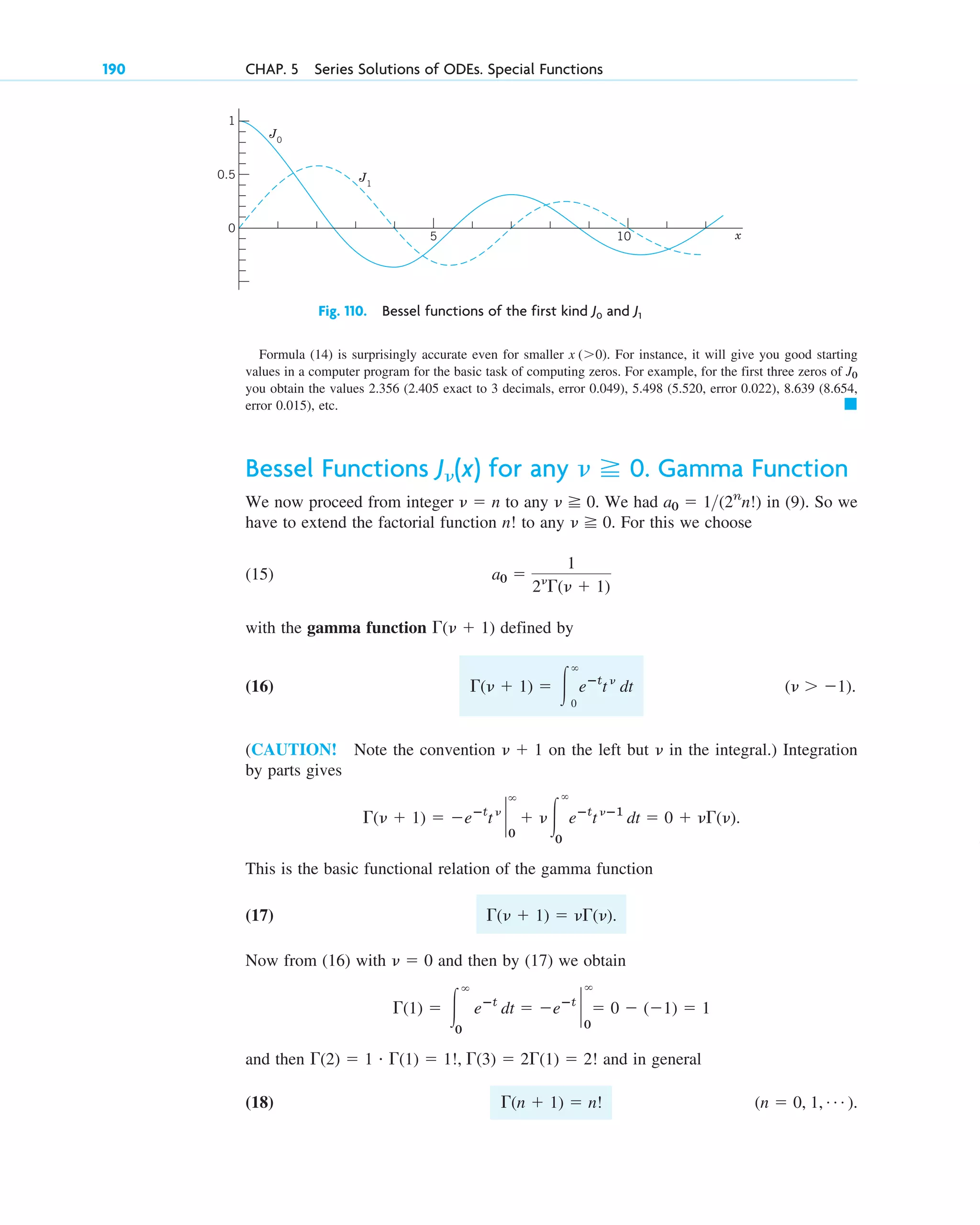 Formula (14) is surprisingly accurate even for smaller . For instance, it will give you good starting
values in a computer program for the basic task of computing zeros. For example, for the first three zeros of
you obtain the values 2.356 (2.405 exact to 3 decimals, error 0.049), 5.498 (5.520, error 0.022), 8.639 (8.654,
error 0.015), etc. 䊏
J0
x (⬎0)
190 CHAP. 5 Series Solutions of ODEs. Special Functions
0
1
0.5
x
10
5
J0
J1
Fig. 110. Bessel functions of the first kind J0 and J1
Bessel Functions for any . Gamma Function
We now proceed from integer to any . We had in (9). So we
have to extend the factorial function to any . For this we choose
(15)
with the gamma function defined by
(16) .
(CAUTION! Note the convention on the left but in the integral.) Integration
by parts gives
.
This is the basic functional relation of the gamma function
(17) .
Now from (16) with and then by (17) we obtain
and then and in general
(18) .
(n ⫽ 0, 1, Á )
⌫(n ⫹ 1) ⫽ n!
⌫(2) ⫽ 1 # ⌫(1) ⫽ 1!, ⌫(3) ⫽ 2⌫(1) ⫽ 2!
⌫(1) ⫽ 冮
⬁
0
eⴚt
dt ⫽ ⫺eⴚt
`
0
⬁
⫽ 0 ⫺ (⫺1) ⫽ 1
␯ ⫽ 0
⌫(␯ ⫹ 1) ⫽ ␯⌫(␯)
⌫(␯ ⫹ 1) ⫽ ⫺eⴚt
t␯
`
⬁
0
⫹ ␯冮
⬁
0
eⴚt
t␯ⴚ1
dt ⫽ 0 ⫹ ␯⌫(␯)
␯
␯ ⫹ 1
(␯ ⬎ ⫺1)
⌫(␯ ⫹ 1) ⫽ 冮
⬁
0
eⴚt
t␯
dt
⌫(␯ ⫹ 1)
a0 ⫽
1
2␯
⌫(␯ ⫹ 1)
␯ ⭌ 0
n!
a0 ⫽ 1(2n
n!)
␯ ⭌ 0
␯ ⫽ n
␯ ⭌ 0
J␯(x)
c05.qxd 10/28/10 1:33 PM Page 190
 