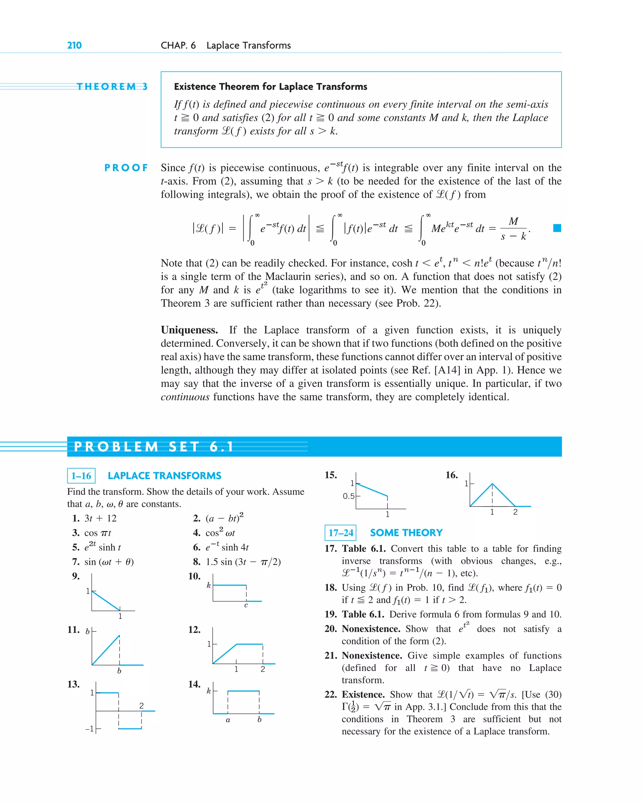 T H E O R E M 3 Existence Theorem for Laplace Transforms
If is defined and piecewise continuous on every finite interval on the semi-axis
and satisfies (2) for all and some constants M and k, then the Laplace
transform exists for all
P R O O F Since is piecewise continuous, is integrable over any finite interval on the
t-axis. From (2), assuming that (to be needed for the existence of the last of the
following integrals), we obtain the proof of the existence of from
Note that (2) can be readily checked. For instance, (because
is a single term of the Maclaurin series), and so on. A function that does not satisfy (2)
for any M and k is (take logarithms to see it). We mention that the conditions in
Theorem 3 are sufficient rather than necessary (see Prob. 22).
Uniqueness. If the Laplace transform of a given function exists, it is uniquely
determined. Conversely, it can be shown that if two functions (both defined on the positive
real axis) have the same transform, these functions cannot differ over an interval of positive
length, although they may differ at isolated points (see Ref. [A14] in App. 1). Hence we
may say that the inverse of a given transform is essentially unique. In particular, if two
continuous functions have the same transform, they are completely identical.
et2
tn
n!
cosh t ⬍ et
, tn
⬍ n!et
䊏
ƒl( f )ƒ ⫽ ` 冮
ⴥ
0
eⴚst
f(t) dt ` ⬉ 冮
ⴥ
0
ƒ f(t)ƒeⴚst
dt ⬉ 冮
ⴥ
0
Mekt
eⴚst
dt ⫽
M
s ⫺ k
.
l( f )
s ⬎ k
eⴚst
f(t)
f(t)
s ⬎ k.
l( f )
t ⭌ 0
t ⭌ 0
f(t)
210 CHAP. 6 Laplace Transforms
1–16 LAPLACE TRANSFORMS
Find the transform. Show the details of your work. Assume
that a, b, are constants.
1. 2.
3. 4.
5. 6.
7. 8.
9. 10.
11. 12.
13. 14.
k
a b
2
1
–1
1
1 2
b
b
k
c
1
1
1.5 sin (3t ⫺ p2)
sin (vt ⫹ u)
eⴚt
sinh 4t
e2t
sinh t
cos2
vt
cos pt
(a ⫺ bt)2
3t ⫹ 12
v, u
15. 16.
17–24 SOME THEORY
17. Table 6.1. Convert this table to a table for finding
inverse transforms (with obvious changes, e.g.,
etc).
18. Using in Prob. 10, find where
if and if
19. Table 6.1. Derive formula 6 from formulas 9 and 10.
20. Nonexistence. Show that does not satisfy a
condition of the form (2).
21. Nonexistence. Give simple examples of functions
(defined for all that have no Laplace
transform.
22. Existence. Show that [Use (30)
in App. 3.1.] Conclude from this that the
conditions in Theorem 3 are sufficient but not
necessary for the existence of a Laplace transform.
⌫(1
2) ⫽ 1p
l(1 1t) ⫽ 1ps.
t ⭌ 0)
et2
t ⬎ 2.
f1(t) ⫽ 1
t ⬉ 2
f1(t) ⫽ 0
l( f1),
l( f )
lⴚ1
(1sn
) ⫽ tnⴚ1
(n ⫺ 1),
1 2
1
0.5
1
1
P R O B L E M S E T 6 . 1
c06.qxd 10/28/10 6:33 PM Page 210
 