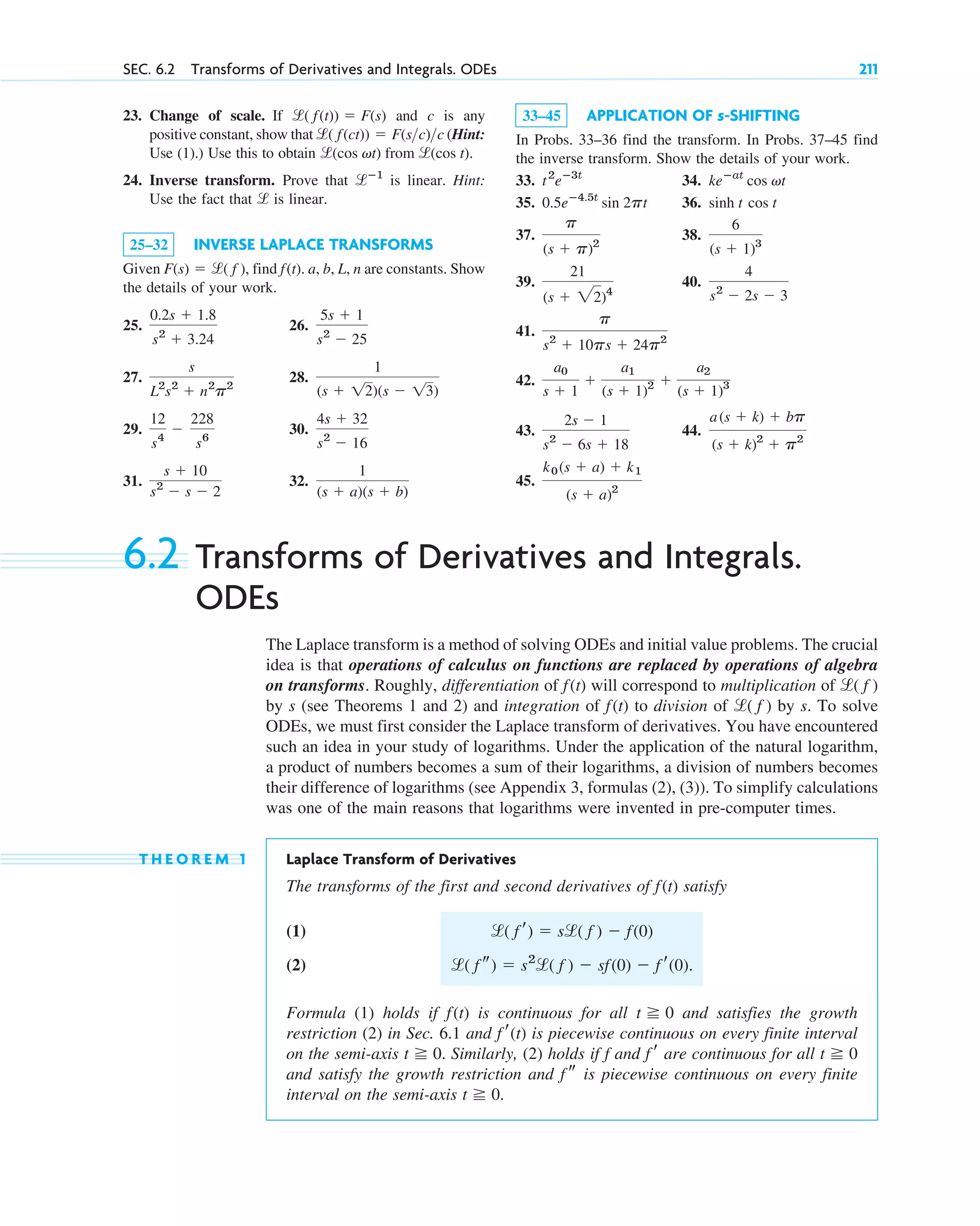 SEC. 6.2 Transforms of Derivatives and Integrals. ODEs 211
23. Change of scale. If and c is any
positive constant, show that (Hint:
Use (1).) Use this to obtain
24. Inverse transform. Prove that is linear. Hint:
Use the fact that is linear.
25–32 INVERSE LAPLACE TRANSFORMS
Given find a, b, L, n are constants. Show
the details of your work.
25. 26.
27. 28.
29. 30.
31. 32.
1
(s ⫹ a)(s ⫹ b)
s ⫹ 10
s2
⫺ s ⫺ 2
4s ⫹ 32
s2
⫺ 16
12
s4
⫺
228
s6
1
(s ⫹ 12)(s ⫺ 13)
s
L2
s2
⫹ n2
p2
5s ⫹ 1
s2
⫺ 25
0.2s ⫹ 1.8
s2
⫹ 3.24
f(t).
F(s) ⫽ l( f ),
l
lⴚ1
l(cos vt) from l(cos t).
l( f(ct)) ⫽ F(sc)c
l( f(t)) ⫽ F(s) 33–45 APPLICATION OF s-SHIFTING
In Probs. 33–36 find the transform. In Probs. 37–45 find
the inverse transform. Show the details of your work.
33. 34.
35. 36.
37. 38.
39. 40.
41.
42.
43. 44.
45.
k0(s ⫹ a) ⫹ k1
(s ⫹ a)2
a(s ⫹ k) ⫹ bp
(s ⫹ k)2
⫹ p2
2s ⫺ 1
s2
⫺ 6s ⫹ 18
a0
s ⫹ 1
⫹
a1
(s ⫹ 1)2 ⫹
a2
(s ⫹ 1)3
p
s2
⫹ 10ps ⫹ 24p2
4
s2
⫺ 2s ⫺ 3
21
(s ⫹ 22)4
6
(s ⫹ 1)3
p
(s ⫹ p)2
sinh t cos t
0.5eⴚ4.5t
sin 2pt
keⴚat
cos vt
t2
eⴚ3t
6.2 Transforms of Derivatives and Integrals.
ODEs
The Laplace transform is a method of solving ODEs and initial value problems. The crucial
idea is that operations of calculus on functions are replaced by operations of algebra
on transforms. Roughly, differentiation of will correspond to multiplication of
by s (see Theorems 1 and 2) and integration of to division of by s. To solve
ODEs, we must first consider the Laplace transform of derivatives. You have encountered
such an idea in your study of logarithms. Under the application of the natural logarithm,
a product of numbers becomes a sum of their logarithms, a division of numbers becomes
their difference of logarithms (see Appendix 3, formulas (2), (3)). To simplify calculations
was one of the main reasons that logarithms were invented in pre-computer times.
T H E O R E M 1 Laplace Transform of Derivatives
The transforms of the first and second derivatives of satisfy
(1)
(2)
Formula (1) holds if is continuous for all and satisfies the growth
restriction (2) in Sec. 6.1 and is piecewise continuous on every finite interval
on the semi-axis Similarly, (2) holds if f and are continuous for all
and satisfy the growth restriction and is piecewise continuous on every finite
interval on the semi-axis t ⭌ 0.
f s
t ⭌ 0
f r
t ⭌ 0.
f r(t)
t ⭌ 0
f(t)
l( f s) ⫽ s2
l( f ) ⫺ sf(0) ⫺ f r(0).
l( f r) ⫽ sl( f ) ⫺ f(0)
f(t)
l( f )
f(t)
l( f )
f(t)
c06.qxd 10/28/10 6:33 PM Page 211
 