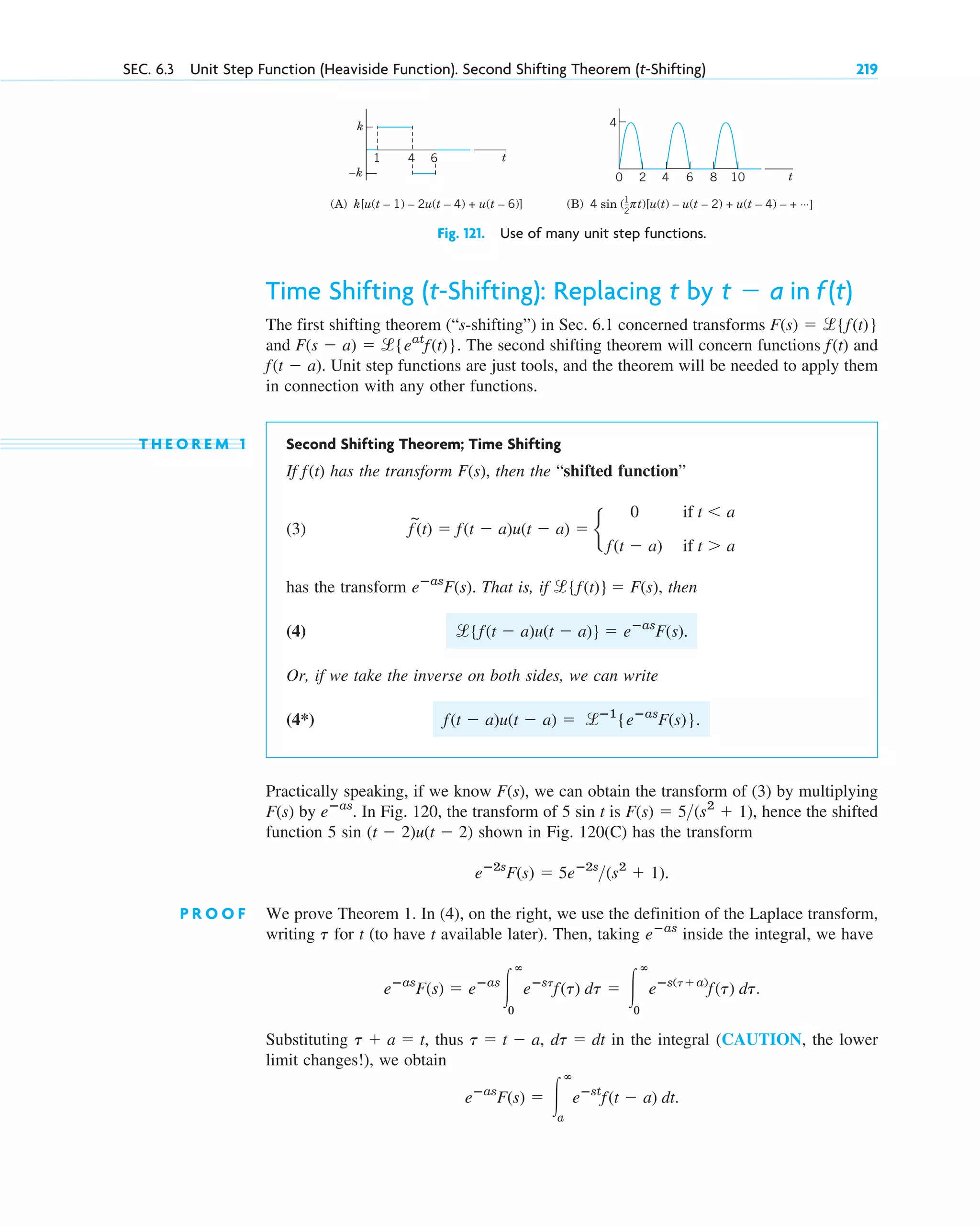 Time Shifting (t-Shifting): Replacing t by
The first shifting theorem (“s-shifting”) in Sec. 6.1 concerned transforms
and The second shifting theorem will concern functions and
Unit step functions are just tools, and the theorem will be needed to apply them
in connection with any other functions.
T H E O R E M 1 Second Shifting Theorem; Time Shifting
If has the transform then the “shifted function”
(3)
has the transform That is, if then
(4)
Or, if we take the inverse on both sides, we can write
(4*)
Practically speaking, if we know we can obtain the transform of (3) by multiplying
by In Fig. 120, the transform of 5 sin t is hence the shifted
function 5 sin shown in Fig. 120(C) has the transform
P R O O F We prove Theorem 1. In (4), on the right, we use the definition of the Laplace transform,
writing for t (to have t available later). Then, taking inside the integral, we have
Substituting , thus , in the integral (CAUTION, the lower
limit changes!), we obtain
eⴚas
F(s) ⫽ 冮
ⴥ
a
eⴚst
f(t ⫺ a) dt.
dt ⫽ dt
t ⫽ t ⫺ a
t ⫹ a ⫽ t
eⴚas
F(s) ⫽ eⴚas
冮
ⴥ
0
eⴚst
f(t) dt ⫽ 冮
ⴥ
0
eⴚs(t⫹a)
f(t) dt.
eⴚas
t
eⴚ2s
F(s) ⫽ 5eⴚ2s
(s2
⫹ 1).
(t ⫺ 2)u(t ⫺ 2)
F(s) ⫽ 5(s2
⫹ 1),
eⴚas
.
F(s)
F(s),
f(t ⫺ a)u(t ⫺ a) ⫽ lⴚ1
{eⴚas
F(s)}.
l{f(t ⫺ a)u(t ⫺ a)} ⫽ eⴚas
F(s).
l{f(t)} ⫽ F(s),
eⴚas
F(s).
f
~
(t) ⫽ f(t ⫺ a)u(t ⫺ a) ⫽ b
0 if t ⬍ a
f(t ⫺ a) if t ⬎ a
F(s),
f(t)
f(t ⫺ a).
f(t)
F(s ⫺ a) ⫽ l{eat
f(t)}.
F(s) ⫽ l{f(t)}
t ⫺ a in f(t)
SEC. 6.3 Unit Step Function (Heaviside Function). Second Shifting Theorem (t-Shifting) 219
(A) k[u(t – 1) – 2u(t – 4) + u(t – 6)] (B) 4 sin ( t)[u(t) – u(t – 2) + u(t – 4) – + ⋅⋅⋅]
π
t
2
0 4 6 8
4
k
–k 10
1
_
2
6
4
1 t
Fig. 121. Use of many unit step functions.
c06.qxd 10/28/10 6:33 PM Page 219
 