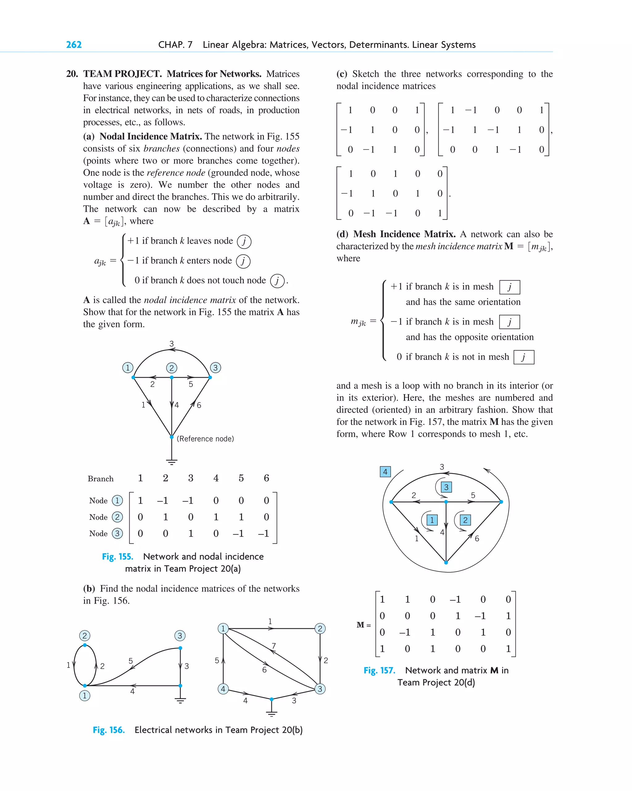 20. TEAM PROJECT. Matrices for Networks. Matrices
have various engineering applications, as we shall see.
For instance, they can be used to characterize connections
in electrical networks, in nets of roads, in production
processes, etc., as follows.
(a) Nodal Incidence Matrix. The network in Fig. 155
consists of six branches (connections) and four nodes
(points where two or more branches come together).
One node is the reference node (grounded node, whose
voltage is zero). We number the other nodes and
number and direct the branches. This we do arbitrarily.
The network can now be described by a matrix
, where
A is called the nodal incidence matrix of the network.
Show that for the network in Fig. 155 the matrix A has
the given form.
ajk  d
1 if branch k leaves node j
1 if branch k enters node j
0 if branch k does not touch node j .
A  3ajk4
262 CHAP. 7 Linear Algebra: Matrices, Vectors, Determinants. Linear Systems
(c) Sketch the three networks corresponding to the
nodal incidence matrices
(d) Mesh Incidence Matrix. A network can also be
characterized by the mesh incidence matrix
where
and a mesh is a loop with no branch in its interior (or
in its exterior). Here, the meshes are numbered and
directed (oriented) in an arbitrary fashion. Show that
for the network in Fig. 157, the matrix M has the given
form, where Row 1 corresponds to mesh 1, etc.
1 if branch k is in mesh j
and has the same orientation
1 if branch k is in mesh j
and has the opposite orientation
0 if branch k is not in mesh j
mjk  f
M  3mjk4,
D
1 0 1 0 0
1 1 0 1 0
0 1 1 0 1
T.
D
1 1 0 0 1
1 1 1 1 0
0 0 1 1 0
T,
D
1 0 0 1
1 1 0 0
0 1 1 0
T,
1 6
1 2
3
4
2 5
3
4
1 1
0
–1
0
0
0 –1
1
0
0
1
0 0
1
0
–1
1
0
1 0
1 1
0
M =
1 6
1
2 5
4
3
2 3
(Reference node)
Branch 1
1
2
–1
1
0
3 4 5
Node 1
0
Node 2
0
–1 0
1
0
0
1
0
1
–1
Node 3
6
0
0
–1
Fig. 155. Network and nodal incidence
matrix in Team Project 20(a)
1
2 3
4
5
3
2
1
2
5
3
4
1
7
6
1 2
3
4
Fig. 156. Electrical networks in Team Project 20(b)
Fig. 157. Network and matrix M in
Team Project 20(d)
(b) Find the nodal incidence matrices of the networks
in Fig. 156.
c07.qxd 10/28/10 7:30 PM Page 262
 