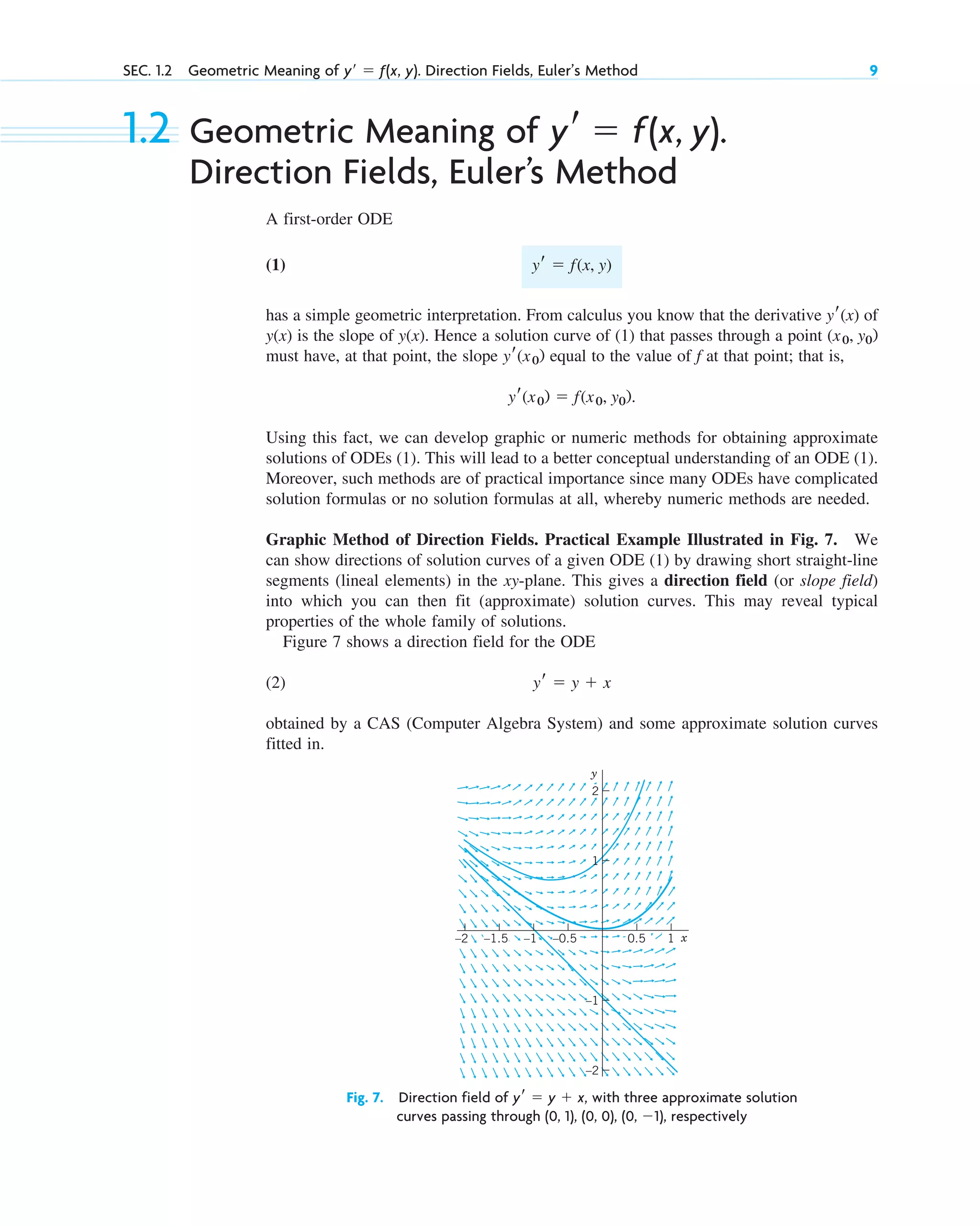 1.2 Geometric Meaning of
Direction Fields, Euler’s Method
A first-order ODE
(1)
has a simple geometric interpretation. From calculus you know that the derivative of
is the slope of . Hence a solution curve of (1) that passes through a point
must have, at that point, the slope equal to the value of f at that point; that is,
Using this fact, we can develop graphic or numeric methods for obtaining approximate
solutions of ODEs (1). This will lead to a better conceptual understanding of an ODE (1).
Moreover, such methods are of practical importance since many ODEs have complicated
solution formulas or no solution formulas at all, whereby numeric methods are needed.
Graphic Method of Direction Fields. Practical Example Illustrated in Fig. 7. We
can show directions of solution curves of a given ODE (1) by drawing short straight-line
segments (lineal elements) in the xy-plane. This gives a direction field (or slope field)
into which you can then fit (approximate) solution curves. This may reveal typical
properties of the whole family of solutions.
Figure 7 shows a direction field for the ODE
(2)
obtained by a CAS (Computer Algebra System) and some approximate solution curves
fitted in.
yr ⫽ y ⫹ x
yr(x0) ⫽ f(x0, y0).
yr(x0)
(x0, y0)
y(x)
y(x)
yr(x)
yr ⫽ f(x, y)
yr ⫽ f(x, y).
SEC. 1.2 Geometric Meaning of y⬘ ⫽ ƒ(x, y). Direction Fields, Euler’s Method 9
1
2
0.5 1
–0.5
–1
–1.5
–2
–1
–2
y
x
Fig. 7. Direction field of with three approximate solution
curves passing through (0, 1), (0, 0), (0, ), respectively
⫺1
yr ⫽ y ⫹ x,
c01.qxd 7/30/10 8:15 PM Page 9
 