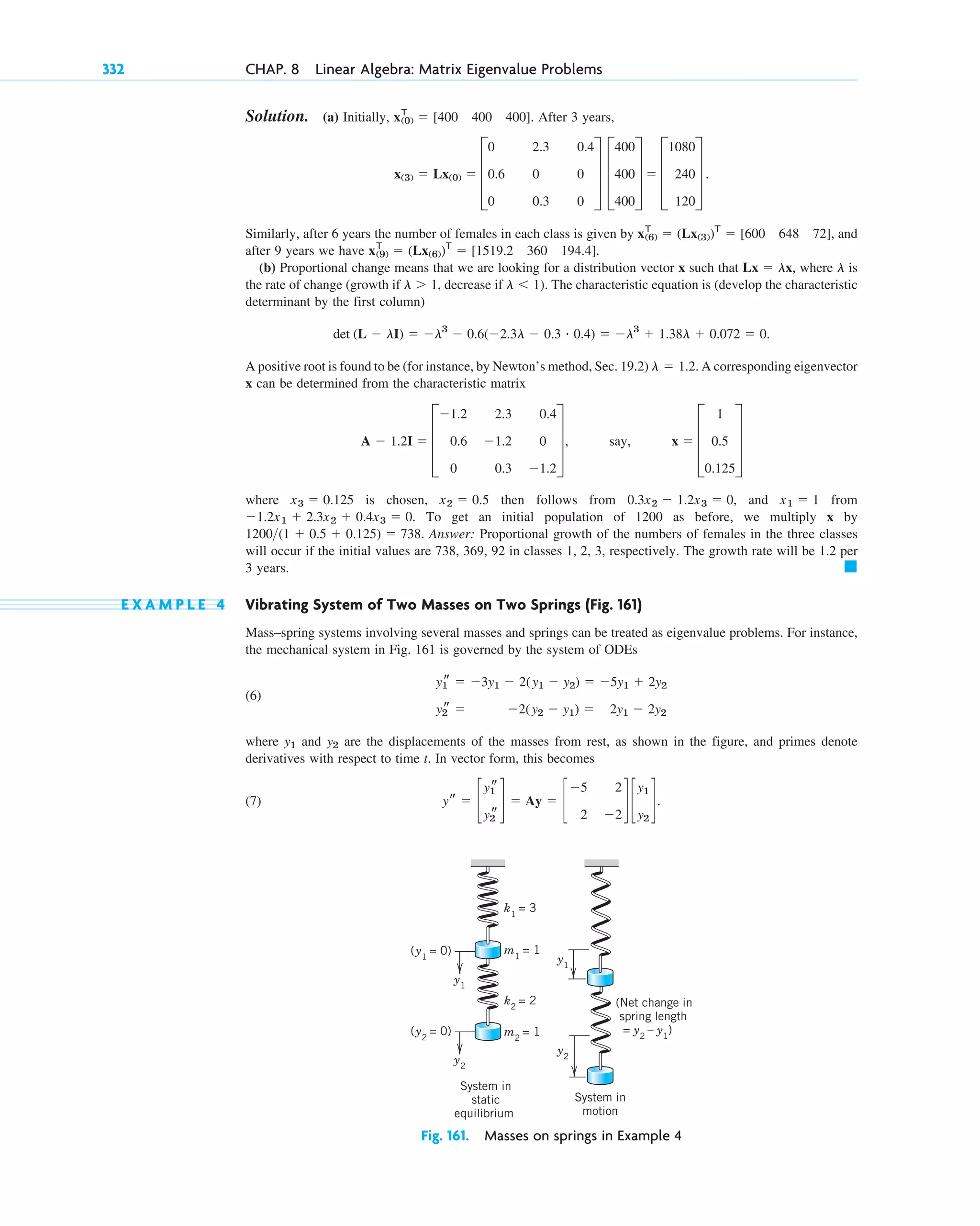 332 CHAP. 8 Linear Algebra: Matrix Eigenvalue Problems
Solution. (a) Initially, After 3 years,
Similarly, after 6 years the number of females in each class is given by and
after 9 years we have
(b) Proportional change means that we are looking for a distribution vector x such that , where is
the rate of change (growth if decrease if ). The characteristic equation is (develop the characteristic
determinant by the first column)
A positive root is found to be (for instance, by Newton’s method, Sec. 19.2) A corresponding eigenvector
x can be determined from the characteristic matrix
where is chosen, then follows from and from
To get an initial population of 1200 as before, we multiply x by
Answer: Proportional growth of the numbers of females in the three classes
will occur if the initial values are 738, 369, 92 in classes 1, 2, 3, respectively. The growth rate will be 1.2 per
3 years.
E X A M P L E 4 Vibrating System of Two Masses on Two Springs (Fig. 161)
Mass–spring systems involving several masses and springs can be treated as eigenvalue problems. For instance,
the mechanical system in Fig. 161 is governed by the system of ODEs
(6)
where and are the displacements of the masses from rest, as shown in the figure, and primes denote
derivatives with respect to time t. In vector form, this becomes
(7)
Fig. 161. Masses on springs in Example 4
k1
= 3
k2
= 2 (Net change in
spring length
= y2
– y1
)
System in
motion
System in
static
equilibrium
m1
= 1
(y1
= 0)
(y2
= 0) m2
= 1
y1
y2
y2
y1
ys ⫽ c
y1
s
y2
s
d ⫽ Ay ⫽ c
⫺5 2
2 ⫺2
d c
y1
y2
d.
y2
y1
y1
s ⫽ ⫺3y1 ⫺ 2(y1 ⫺ y2) ⫽ ⫺5y1 ⫹ 2y2
y2
s ⫽ ⫺2(y2 ⫺ y1) ⫽ 2y1 ⫺ 2y2
䊏
1200(1 ⫹ 0.5 ⫹ 0.125) ⫽ 738.
⫺1.2x1 ⫹ 2.3x2 ⫹ 0.4x3 ⫽ 0.
x1 ⫽ 1
0.3x2 ⫺ 1.2x3 ⫽ 0,
x2 ⫽ 0.5
x3 ⫽ 0.125
A ⫺ 1.2I ⫽ D
⫺1.2 2.3 0.4
0.6 ⫺1.2 0
0 0.3 ⫺1.2
T, say, x ⫽ D
1
0.5
0.125
T
l ⫽ 1.2.
det (L ⫺ lI) ⫽ ⫺l3
⫺ 0.6(⫺2.3l ⫺ 0.3 # 0.4) ⫽ ⫺l3
⫹ 1.38l ⫹ 0.072 ⫽ 0.
l ⬍ 1
l ⬎ 1,
l
Lx ⫽ lx
x(9)
T
⫽ (Lx(6))T
⫽ [1519.2 360 194.4].
x(6)
T
⫽ (Lx(3))T
⫽ [600 648 72],
x(3) ⫽ Lx(0) ⫽ D
0 2.3 0.4
0.6 0 0
0 0.3 0
T D
400
400
400
T ⫽ D
1080
240
120
T .
x(0)
T
⫽ [400 400 400].
c08.qxd 10/30/10 10:56 AM Page 332
 