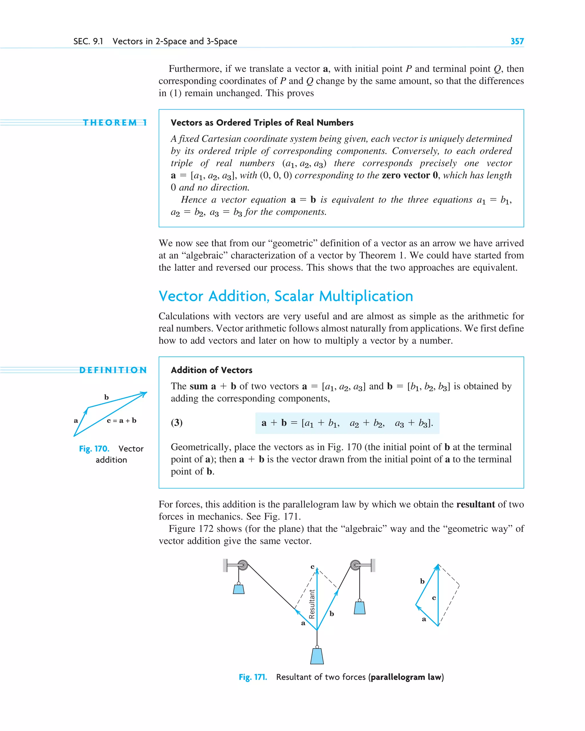 Furthermore, if we translate a vector a, with initial point P and terminal point Q, then
corresponding coordinates of P and Q change by the same amount, so that the differences
in (1) remain unchanged. This proves
T H E O R E M 1 Vectors as Ordered Triples of Real Numbers
A fixed Cartesian coordinate system being given, each vector is uniquely determined
by its ordered triple of corresponding components. Conversely, to each ordered
triple of real numbers there corresponds precisely one vector
with (0, 0, 0) corresponding to the zero vector 0, which has length
0 and no direction.
Hence a vector equation is equivalent to the three equations
for the components.
We now see that from our “geometric” definition of a vector as an arrow we have arrived
at an “algebraic” characterization of a vector by Theorem 1. We could have started from
the latter and reversed our process. This shows that the two approaches are equivalent.
Vector Addition, Scalar Multiplication
Calculations with vectors are very useful and are almost as simple as the arithmetic for
real numbers. Vector arithmetic follows almost naturally from applications. We first define
how to add vectors and later on how to multiply a vector by a number.
D E F I N I T I O N Addition of Vectors
The sum of two vectors and is obtained by
adding the corresponding components,
(3)
Geometrically, place the vectors as in Fig. 170 (the initial point of b at the terminal
point of a); then is the vector drawn from the initial point of a to the terminal
point of b.
For forces, this addition is the parallelogram law by which we obtain the resultant of two
forces in mechanics. See Fig. 171.
Figure 172 shows (for the plane) that the “algebraic” way and the “geometric way” of
vector addition give the same vector.
a  b
a  b  [a1  b1, a2  b2, a3  b3].
b  [b1, b2, b3]
a  [a1, a2, a3]
a  b
a3  b3
a2  b2,
a1  b1,
a  b
a  [a1, a2, a3],
(a1, a2, a3)
SEC. 9.1 Vectors in 2-Space and 3-Space 357
b
a c = a + b
Fig. 170. Vector
addition
Resultant
c
c
b
b
a
a
Fig. 171. Resultant of two forces (parallelogram law)
c09.qxd 10/30/10 3:25 PM Page 357
 