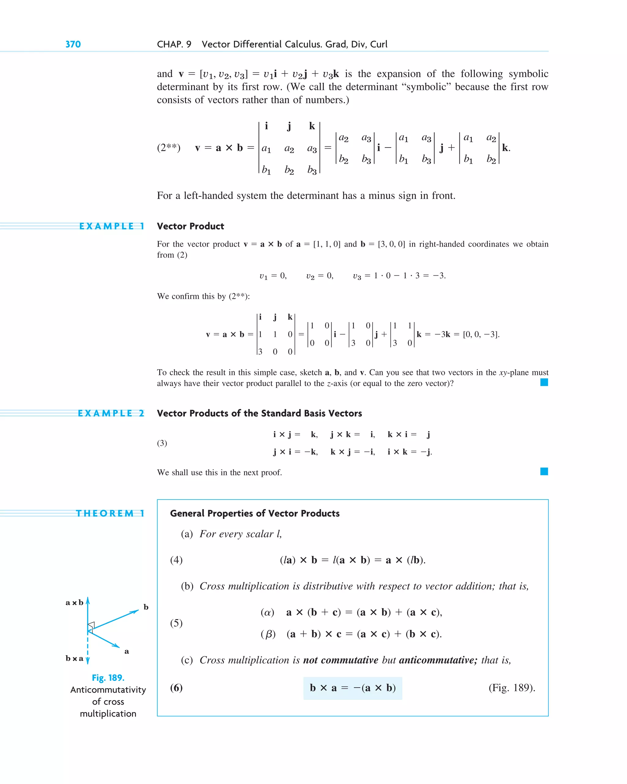 and is the expansion of the following symbolic
determinant by its first row. (We call the determinant “symbolic” because the first row
consists of vectors rather than of numbers.)
(2**)
For a left-handed system the determinant has a minus sign in front.
E X A M P L E 1 Vector Product
For the vector product of and in right-handed coordinates we obtain
from (2)
We confirm this by (2**):
To check the result in this simple case, sketch a, b, and v. Can you see that two vectors in the xy-plane must
always have their vector product parallel to the z-axis (or equal to the zero vector)?
E X A M P L E 2 Vector Products of the Standard Basis Vectors
(3)
We shall use this in the next proof.
T H E O R E M 1 General Properties of Vector Products
(a) For every scalar l,
(4)
(b) Cross multiplication is distributive with respect to vector addition; that is,
(5)
(c) Cross multiplication is not commutative but anticommutative; that is,
(6) (Fig. 189).
b ⴛ a  (a ⴛ b)
(a) a ⴛ (b  c)  (a ⴛ b)  (a ⴛ c),
(b) (a  b) ⴛ c  (a ⴛ c)  (b ⴛ c).
(la) ⴛ b  l(a ⴛ b)  a ⴛ (lb).
䊏
i ⴛ j  k, j ⴛ k  i, k ⴛ i  j
j ⴛ i  k, k ⴛ j  i, i ⴛ k  j.
䊏
v  a ⴛ b  3
i j k
1 1 0
3 0 0
3  2
1 0
0 0
2 i  2
1 0
3 0
2 j  2
1 1
3 0
2 k  3k  [0, 0, 3].
v1  0, v2  0, v3  1 # 0  1 # 3  3.
b  [3, 0, 0]
a  [1, 1, 0]
v  a ⴛ b
v  a ⴛ b  3
i j k
a1 a2 a3
b1 b2 b3
3  2
a2 a3
b2 b3
2 i  2
a1 a3
b1 b3
2 j  2
a1 a2
b1 b2
2 k.
v  [v1, v2, v3]  v1i  v2j  v3k
370 CHAP. 9 Vector Differential Calculus. Grad, Div, Curl
b
a
a × b
b × a
Fig. 189.
Anticommutativity
of cross
multiplication
c09.qxd 10/30/10 3:25 PM Page 370
 