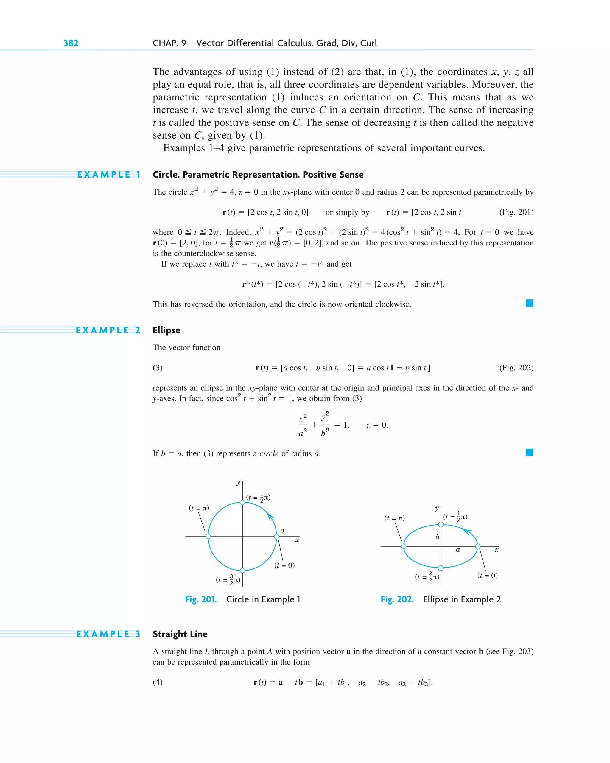 The advantages of using (1) instead of (2) are that, in (1), the coordinates x, y, z all
play an equal role, that is, all three coordinates are dependent variables. Moreover, the
parametric representation (1) induces an orientation on C. This means that as we
increase t, we travel along the curve C in a certain direction. The sense of increasing
t is called the positive sense on C. The sense of decreasing t is then called the negative
sense on C, given by (1).
Examples 1–4 give parametric representations of several important curves.
E X A M P L E 1 Circle. Parametric Representation. Positive Sense
The circle in the xy-plane with center 0 and radius 2 can be represented parametrically by
or simply by (Fig. 201)
where Indeed, For we have
, for we get and so on. The positive sense induced by this representation
is the counterclockwise sense.
If we replace t with we have and get
This has reversed the orientation, and the circle is now oriented clockwise.
E X A M P L E 2 Ellipse
The vector function
(3) (Fig. 202)
represents an ellipse in the xy-plane with center at the origin and principal axes in the direction of the x- and
y-axes. In fact, since , we obtain from (3)
If then (3) represents a circle of radius a.
Fig. 201. Circle in Example 1 Fig. 202. Ellipse in Example 2
E X A M P L E 3 Straight Line
A straight line L through a point A with position vector a in the direction of a constant vector b (see Fig. 203)
can be represented parametrically in the form
(4) r(t)  a  tb  [a1  t˛b1, a2  tb2, a3  t˛b3].
(t = π)
(t = 0)
(t = π)
(t = π)
y
x
a
b
1
_
2
3
_
2
(t = π)
(t = 0)
(t = π)
(t = π)
y
x
1
_
2
3
_
2
2
䊏
b  a,
x2
a2

y2
b2
 1, z  0.
cos2
t  sin2
t  1
r(t)  [a cos t, b sin t, 0]  a cos t i  b sin t j
䊏
r*(t*)  [2 cos (t*), 2 sin (t*)]  [2 cos t*, 2 sin t*].
t  t*
t*  t,
r(1
2 p)  [0, 2],
t  1
2 p
r(0)  [2, 0]
t  0
x2
 y2
 (2 cos t)2
 (2 sin t)2
 4(cos2
t  sin2
t)  4,
0 t 2p.
r(t)  [2 cos t, 2 sin t]
r(t)  [2 cos t, 2 sin t, 0]
x2
 y2
 4, z  0
382 CHAP. 9 Vector Differential Calculus. Grad, Div, Curl
c09.qxd 10/30/10 3:25 PM Page 382
 