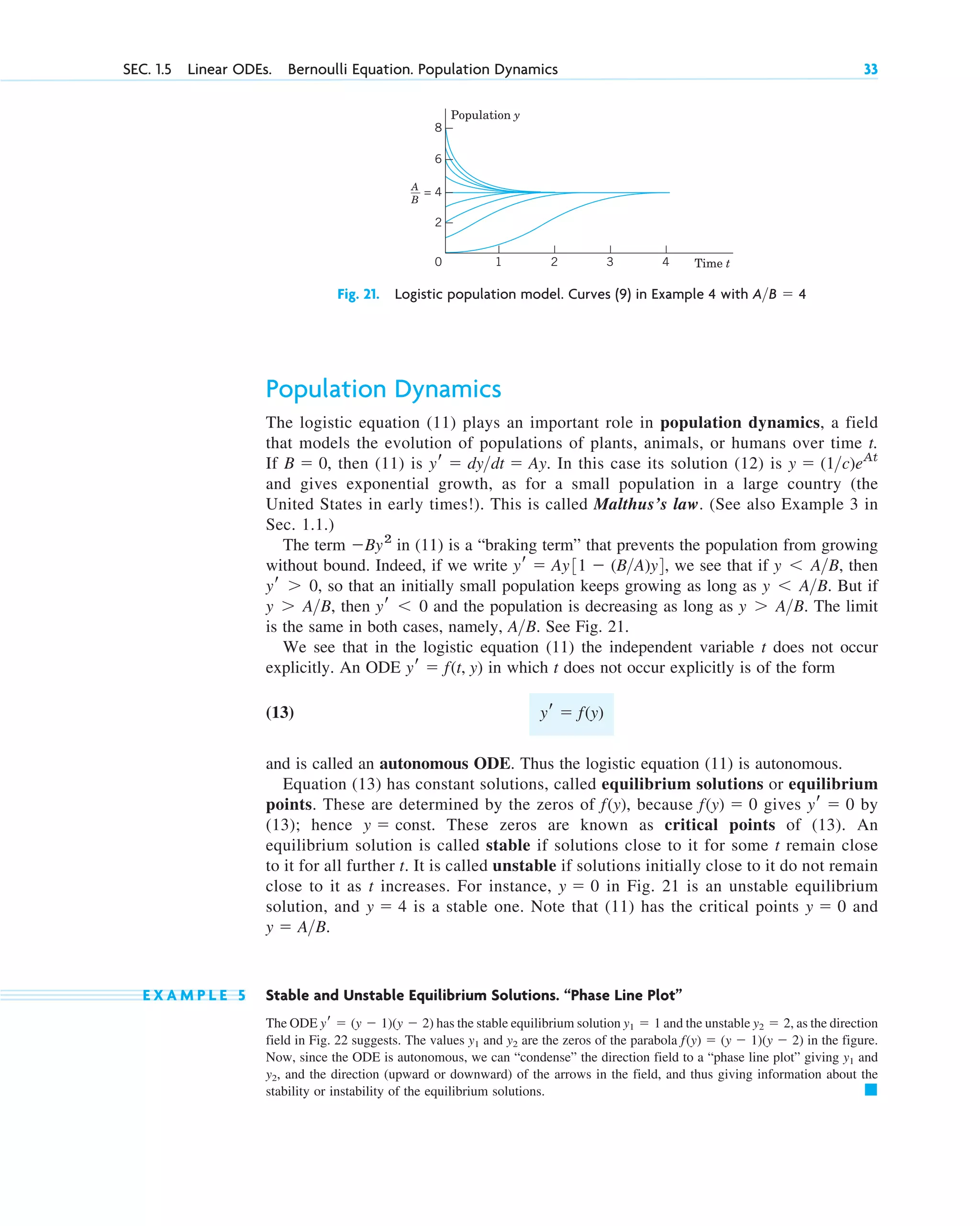 SEC. 1.5 Linear ODEs. Bernoulli Equation. Population Dynamics 33
Fig. 21. Logistic population model. Curves (9) in Example 4 with A>B ⫽ 4
1 2 3 4
Population y
Time t
2
0
= 4
6
8
A
B
Population Dynamics
The logistic equation (11) plays an important role in population dynamics, a field
that models the evolution of populations of plants, animals, or humans over time t.
If then (11) is In this case its solution (12) is
and gives exponential growth, as for a small population in a large country (the
United States in early times!). This is called Malthus’s law. (See also Example 3 in
Sec. 1.1.)
The term in (11) is a “braking term” that prevents the population from growing
without bound. Indeed, if we write we see that if then
so that an initially small population keeps growing as long as But if
then and the population is decreasing as long as The limit
is the same in both cases, namely, See Fig. 21.
We see that in the logistic equation (11) the independent variable t does not occur
explicitly. An ODE in which t does not occur explicitly is of the form
(13)
and is called an autonomous ODE. Thus the logistic equation (11) is autonomous.
Equation (13) has constant solutions, called equilibrium solutions or equilibrium
points. These are determined by the zeros of because gives by
(13); hence These zeros are known as critical points of (13). An
equilibrium solution is called stable if solutions close to it for some t remain close
to it for all further t. It is called unstable if solutions initially close to it do not remain
close to it as t increases. For instance, in Fig. 21 is an unstable equilibrium
solution, and is a stable one. Note that (11) has the critical points and
E X A M P L E 5 Stable and Unstable Equilibrium Solutions. “Phase Line Plot”
The ODE has the stable equilibrium solution and the unstable as the direction
field in Fig. 22 suggests. The values and are the zeros of the parabola in the figure.
Now, since the ODE is autonomous, we can “condense” the direction field to a “phase line plot” giving and
and the direction (upward or downward) of the arrows in the field, and thus giving information about the
stability or instability of the equilibrium solutions. 䊏
y2,
y1
f(y) ⫽ (y ⫺ 1)(y ⫺ 2)
y2
y1
y2 ⫽ 2,
y1 ⫽ 1
yr ⫽ (y ⫺ 1)(y ⫺ 2)
y ⫽ A>B.
y ⫽ 0
y ⫽ 4
y ⫽ 0
y ⫽ const.
yr ⫽ 0
f(y) ⫽ 0
f(y),
yr ⫽ f(y)
yr ⫽ f(t, y)
A>B.
y ⬎ A>B.
yr ⬍ 0
y ⬎ A>B,
y ⬍ A>B.
yr ⬎ 0,
y ⬍ A>B,
yr ⫽ Ay31 ⫺ (B>A)y4,
⫺By2
y ⫽ (1>c)eAt
yr ⫽ dy>dt ⫽ Ay.
B ⫽ 0,
c01.qxd 7/30/10 8:15 PM Page 33
 