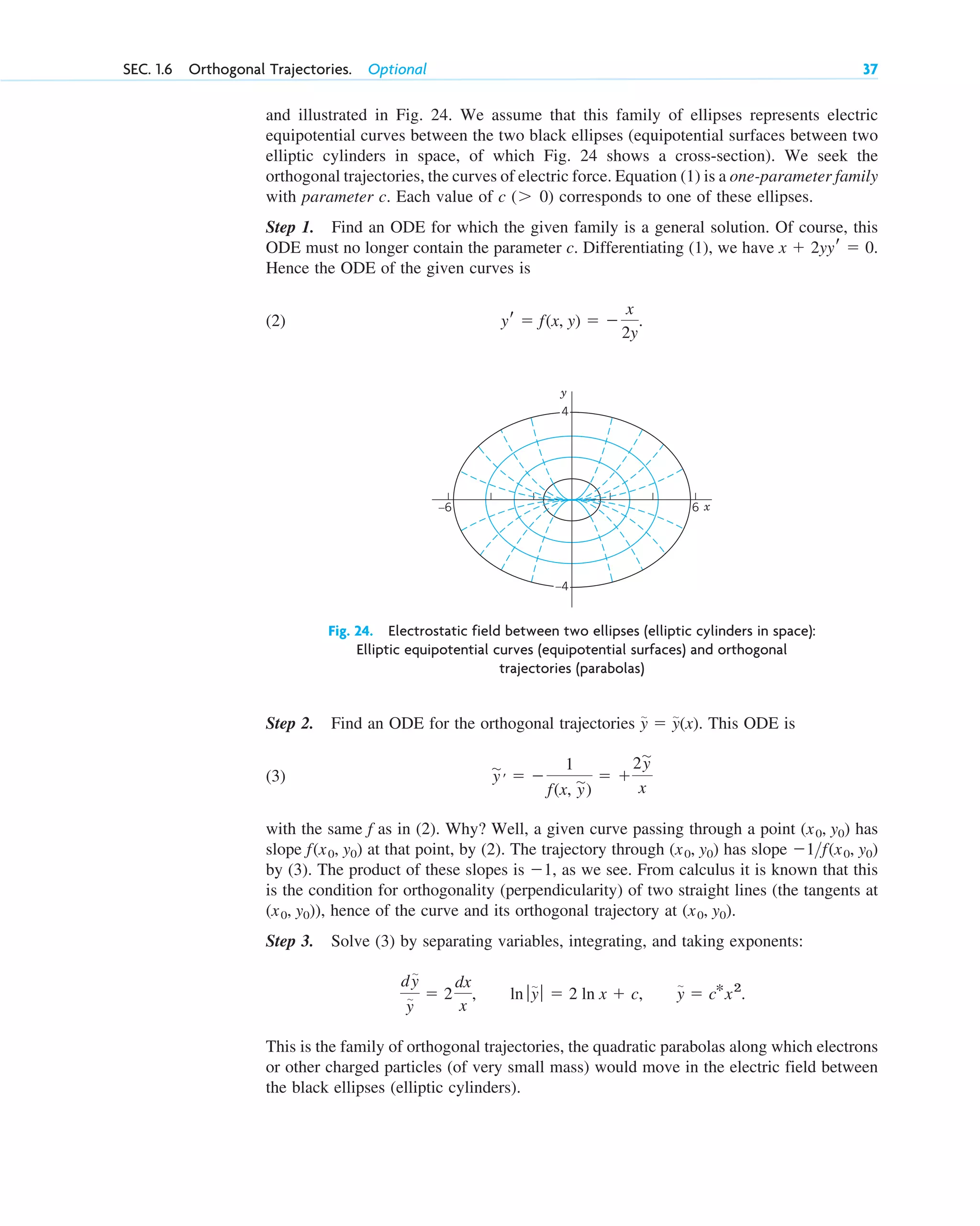 Step 2. Find an ODE for the orthogonal trajectories This ODE is
(3)
with the same f as in (2). Why? Well, a given curve passing through a point has
slope at that point, by (2). The trajectory through has slope
by (3). The product of these slopes is , as we see. From calculus it is known that this
is the condition for orthogonality (perpendicularity) of two straight lines (the tangents at
), hence of the curve and its orthogonal trajectory at .
Step 3. Solve (3) by separating variables, integrating, and taking exponents:
This is the family of orthogonal trajectories, the quadratic parabolas along which electrons
or other charged particles (of very small mass) would move in the electric field between
the black ellipses (elliptic cylinders).
y
苲
⫽ c*x2
.
ln ƒy
苲
ƒ ⫽ 2 ln x ⫹ c,
dy
苲
y
苲 ⫽ 2
dx
x
,
(x0, y0)
(x0, y0)
⫺1
⫺1>f(x0, y0)
(x0, y0)
f(x0, y0)
(x0, y0)
y
苲
r ⫽ ⫺
1
f(x, y
苲)
⫽ ⫹
2y
苲
x
y
苲
⫽ y
苲
(x).
SEC. 1.6 Orthogonal Trajectories. Optional 37
–6 6
y
x
4
–4
Fig. 24. Electrostatic field between two ellipses (elliptic cylinders in space):
Elliptic equipotential curves (equipotential surfaces) and orthogonal
trajectories (parabolas)
and illustrated in Fig. 24. We assume that this family of ellipses represents electric
equipotential curves between the two black ellipses (equipotential surfaces between two
elliptic cylinders in space, of which Fig. 24 shows a cross-section). We seek the
orthogonal trajectories, the curves of electric force. Equation (1) is a one-parameter family
with parameter c. Each value of c corresponds to one of these ellipses.
Step 1. Find an ODE for which the given family is a general solution. Of course, this
ODE must no longer contain the parameter c. Differentiating (1), we have
Hence the ODE of the given curves is
(2) yr ⫽ f(x, y) ⫽ ⫺
x
2y
.
x ⫹ 2yyr ⫽ 0.
(⬎ 0)
c01.qxd 7/30/10 8:15 PM Page 37
 