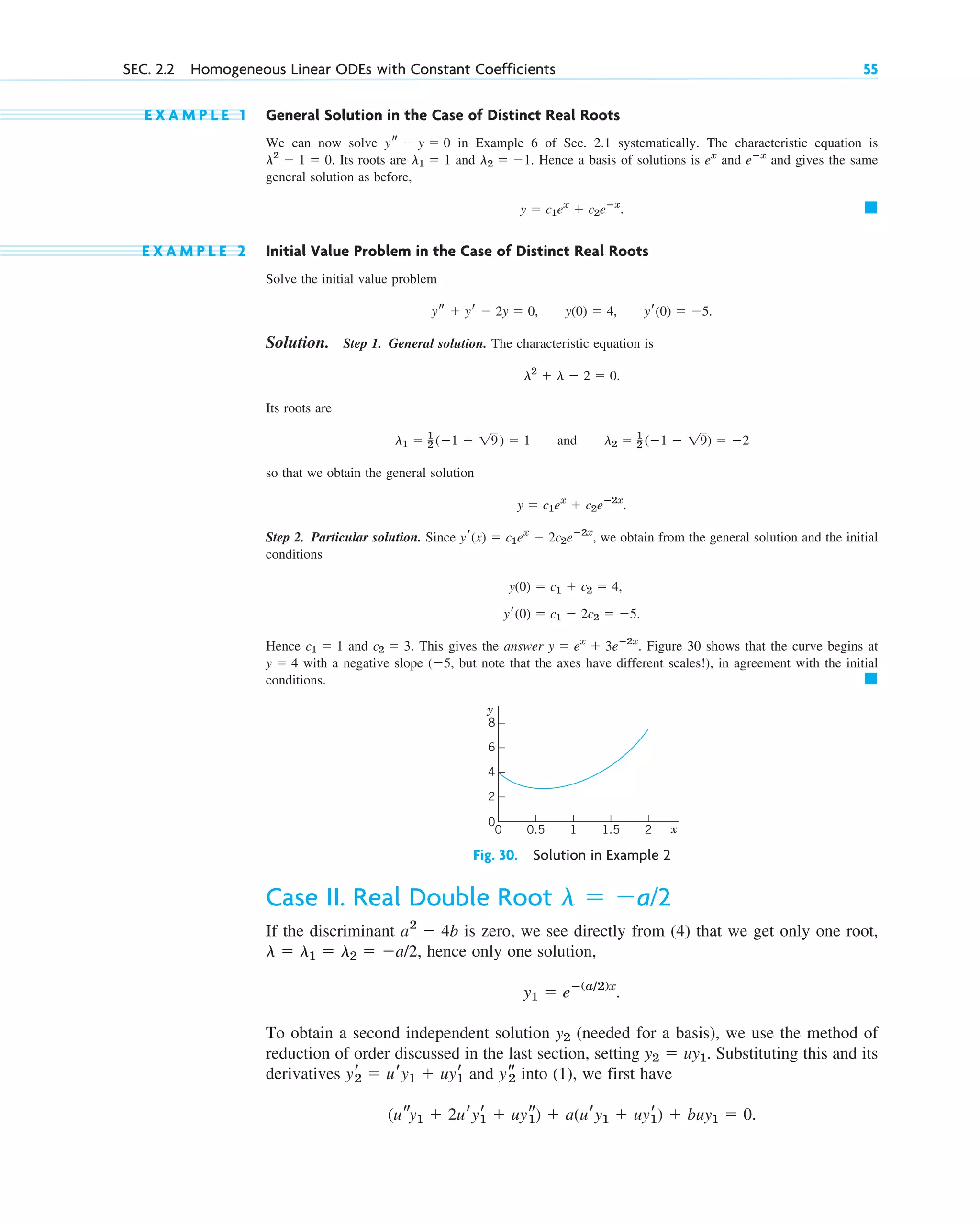E X A M P L E 1 General Solution in the Case of Distinct Real Roots
We can now solve in Example 6 of Sec. 2.1 systematically. The characteristic equation is
Its roots are and . Hence a basis of solutions is and and gives the same
general solution as before,
.
E X A M P L E 2 Initial Value Problem in the Case of Distinct Real Roots
Solve the initial value problem
, , .
Solution. Step 1. General solution. The characteristic equation is
.
Its roots are
and
so that we obtain the general solution
.
Step 2. Particular solution. Since , we obtain from the general solution and the initial
conditions
Hence and . This gives the answer . Figure 30 shows that the curve begins at
with a negative slope but note that the axes have different scales!), in agreement with the initial
conditions. 䊏
(5,
y  4
y  ex
 3eⴚ2x
c2  3
c1  1
yr(0)  c1  2c2  5.
y(0)  c1  c2  4,
yr(x)  c1ex
 2c2eⴚ2x
y  c1ex
 c2eⴚ2x
l2  1
2 (1  19)  2
l1  1
2 (1  19)  1
l2
 l  2  0
yr(0)  5
y(0)  4
ys  yr  2y  0
䊏
y  c1ex
 c2eⴚx
eⴚx
ex
l2  1
l1  1
l2
 1  0.
ys  y  0
SEC. 2.2 Homogeneous Linear ODEs with Constant Coefficients 55
2
0
4
1 1.5
0.5
0 x
6
8
2
y
Case II. Real Double Root
If the discriminant is zero, we see directly from (4) that we get only one root,
, hence only one solution,
.
To obtain a second independent solution (needed for a basis), we use the method of
reduction of order discussed in the last section, setting . Substituting this and its
derivatives and into (1), we first have
.
(usy1  2uryr
1  uys
1)  a(ury1  uyr
1)  buy1  0
ys
2
yr
2  ury1  uyr
1
y2  uy1
y2
y1  eⴚ(a/2)x
l  l1  l2  a/2
a2
 4b
l  a/2
Fig. 30. Solution in Example 2
c02.qxd 10/27/10 6:06 PM Page 55
 