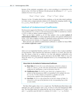 because of the continuity assumption, and exists according to a construction to be
shown in Sec. 2.10. Now, by Theorem 1(b) just proved, the difference is a
solution of (2) on I. At we have
Theorem 1 in Sec. 2.6 implies that for these conditions, as for any other initial conditions
in I, there exists a unique particular solution of (2) obtained by assigning suitable values
to in . From this and the statement follows.
Method of Undetermined Coefficients
Our discussion suggests the following. To solve the nonhomogeneous ODE (1) or an initial
value problem for (1), we have to solve the homogeneous ODE (2) and find any solution
of (1), so that we obtain a general solution (3) of (1).
How can we find a solution of (1)? One method is the so-called method of
undetermined coefficients. It is much simpler than another, more general, method (given
in Sec. 2.10). Since it applies to models of vibrational systems and electric circuits to be
shown in the next two sections, it is frequently used in engineering.
More precisely, the method of undetermined coefficients is suitable for linear ODEs
with constant coefficients a and b
(4)
when is an exponential function, a power of x, a cosine or sine, or sums or products
of such functions. These functions have derivatives similar to itself. This gives the
idea. We choose a form for similar to , but with unknown coefficients to be
determined by substituting that and its derivatives into the ODE. Table 2.1 on p. 82
shows the choice of for practically important forms of . Corresponding rules are
as follows.
Choice Rules for the Method of Undetermined Coefficients
(a) Basic Rule. If in (4) is one of the functions in the first column in
Table 2.1, choose in the same line and determine its undetermined
coefficients by substituting and its derivatives into (4).
(b) Modification Rule. If a term in your choice for happens to be a
solution of the homogeneous ODE corresponding to (4), multiply this term
by x (or by if this solution corresponds to a double root of the
characteristic equation of the homogeneous ODE).
(c) Sum Rule. If is a sum of functions in the first column of Table 2.1,
choose for the sum of the functions in the corresponding lines of the
second column.
The Basic Rule applies when is a single term. The Modification Rule helps in the
indicated case, and to recognize such a case, we have to solve the homogeneous ODE
first. The Sum Rule follows by noting that the sum of two solutions of (1) with
and (and the same left side!) is a solution of (1) with . (Verify!)
r  r1  r2
r  r2
r  r1
r(x)
yp
r(x)
x2
yp
yp
yp
r(x)
r(x)
yp
yp
r(x)
yp
r(x)
r(x)
ys  ayr  by  r(x)
yp
yp
䊏
y*  Y  yp
yh
c1, c2
Yr1x02  y*r1x02  yr
p1x02.
Y1x02  y*1x02  yp(x0).
x0
Y  y*  yp
yp
SEC. 2.7 Nonhomogeneous ODEs 81
c02.qxd 10/27/10 6:06 PM Page 81
 