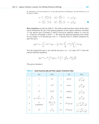 SEC. 6.1 Laplace Transform. Linearity. First Shifting Theorem (s-Shifting) 207
By substituting into the formula for on the right and then by substituting into the formula for on
the right, we obtain
Basic transforms are listed in Table 6.1. We shall see that from these almost all the others
can be obtained by the use of the general properties of the Laplace transform. Formulas
1–3 are special cases of formula 4, which is proved by induction. Indeed, it is true for
because of Example 1 and . We make the induction hypothesis that it holds
for any integer and then get it for directly from (1). Indeed, integration by
parts first gives
.
Now the integral-free part is zero and the last part is times . From this
and the induction hypothesis,
This proves formula 4.
l(tn⫹1
) ⫽
n ⫹ 1
s
l(tn
) ⫽
n ⫹ 1
s
# n!
sn⫹1 ⫽
(n ⫹ 1)!
sn⫹2 .
l(tn
)
(n ⫹ 1)s
l(tn⫹1
) ⫽ 冮
ⴥ
0
eⴚst
tn⫹1
dt ⫽ ⫺
1
s eⴚst
tn⫹1
2
⬁
0
⫹
n ⫹ 1
s 冮
ⴥ
0
eⴚst
tn
dt
n ⫹ 1
n ⭌ 0
0! ⫽ 1
n ⫽ 0
䊏
Ls ⫽
v
s
a
1
s
⫺
v
s
Lsb, Ls a1 ⫹
v2
s2 b ⫽
v
s2 , Ls ⫽
v
s2
⫹ v2 .
Lc ⫽
1
s
⫺
v
s
a
v
s
Lcb, Lc a1 ⫹
v2
s2 b ⫽
1
s
, Lc ⫽
s
s2
⫹ v2 ,
Ls
Lc
Lc
Ls
ƒ(t) ᏸ(ƒ)
1 1
2 t
3
4
5
6
1
s ⫺ a
eat
⌫(a ⫹ 1)
sa⫹1
ta
(a positive)
n!
sn⫹1
tn
(n ⫽ 0, 1, • • •)
2!s3
t2
1s2
1s
Table 6.1 Some Functions ƒ(t) and Their Laplace Transforms ᏸ
ᏸ
ᏸ(ƒ)
ƒ(t) ᏸ(ƒ)
7 cos ␻t
8 sin ␻t
9 cosh at
10 sinh at
11 cos ␻t
12 sin ␻t
v
(s ⫺ a) 2
⫹ v2
eat
s ⫺ a
(s ⫺ a) 2
⫹ v2
eat
a
s2
⫺ a2
s
s2
⫺ a2
v
s2
⫹ v2
s
s2
⫹ v2
c06.qxd 10/28/10 7:44 PM Page 207
 