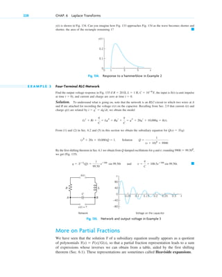 y(t) is shown in Fig. 134. Can you imagine how Fig. 133 approaches Fig. 134 as the wave becomes shorter and
shorter, the area of the rectangle remaining 1? 䊏
228 CHAP. 6 Laplace Transforms
t
y(t)
0.1
0
0.2
1
0 3 5
Fig. 134. Response to a hammerblow in Example 2
v(t) = ?
␦(t)
R
A B
L
C
40
0
80
–80
–40
0.25 0.3
0.2
0.15
0.05 t
v
0.1
Network Voltage on the capacitor
Fig. 135. Network and output voltage in Example 3
E X A M P L E 3 Four-Terminal RLC-Network
Find the output voltage response in Fig. 135 if the input is (a unit impulse
at time ), and current and charge are zero at time
Solution. To understand what is going on, note that the network is an RLC-circuit to which two wires at A
and B are attached for recording the voltage v(t) on the capacitor. Recalling from Sec. 2.9 that current i(t) and
charge q(t) are related by we obtain the model
From (1) and (2) in Sec. 6.2 and (5) in this section we obtain the subsidiary equation for
By the first shifting theorem in Sec. 6.1 we obtain from Q damped oscillations for q and v; rounding
we get (Fig. 135)
䊏
q ⫽ lⴚ1
(Q) ⫽
1
99.50
eⴚ10t
sin 99.50t and v ⫽
q
C
⫽ 100.5eⴚ10t
sin 99.50t.
9900 ⬇ 99.502
,
(s2
⫹ 20s ⫹ 10,000)Q ⫽ 1. Solution Q ⫽
1
(s ⫹ 10)2
⫹ 9900
.
Q(s) ⫽ l(q)
Lir ⫹ Ri ⫹
q
C
⫽ Lqs ⫹ Rqr ⫹
q
C
⫽ qs ⫹ 20qr ⫹ 10,000q ⫽ d(t).
i ⫽ qr ⫽ dqdt,
t ⫽ 0.
t ⫽ 0
d(t)
C ⫽ 10ⴚ4
F,
L ⫽ 1 H,
R ⫽ 20 ⍀,
More on Partial Fractions
We have seen that the solution Y of a subsidiary equation usually appears as a quotient
of polynomials so that a partial fraction representation leads to a sum
of expressions whose inverses we can obtain from a table, aided by the first shifting
theorem (Sec. 6.1). These representations are sometimes called Heaviside expansions.
Y(s) ⫽ F(s)G(s),
c06.qxd 10/28/10 6:33 PM Page 228
 