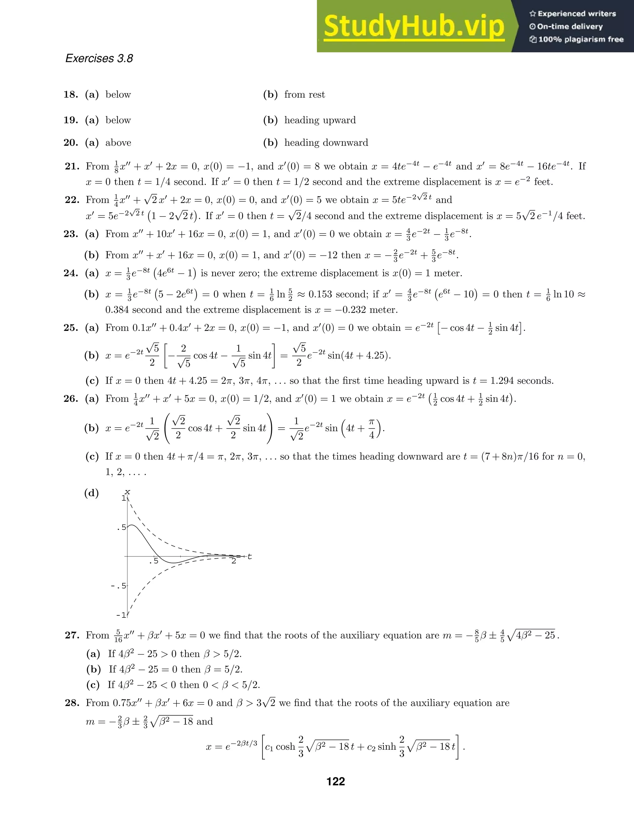 .5 2 t
-1
-.5
.5
1
x
Exercises 3.8
18. (a) below (b) from rest
19. (a) below (b) heading upward
20. (a) above (b) heading downward
21. From 1
8 x
+ x
+ 2x = 0, x(0) = −1, and x
(0) = 8 we obtain x = 4te−4t
− e−4t
and x
= 8e−4t
− 16te−4t
. If
x = 0 then t = 1/4 second. If x
= 0 then t = 1/2 second and the extreme displacement is x = e−2
feet.
22. From 1
4 x
+
√
2 x
+ 2x = 0, x(0) = 0, and x
(0) = 5 we obtain x = 5te−2
√
2 t
and
x
= 5e−2
√
2 t

1 − 2
√
2 t

. If x
= 0 then t =
√
2/4 second and the extreme displacement is x = 5
√
2 e−1
/4 feet.
23. (a) From x
+ 10x
+ 16x = 0, x(0) = 1, and x
(0) = 0 we obtain x = 4
3 e−2t
− 1
3 e−8t
.
(b) From x
+ x
+ 16x = 0, x(0) = 1, and x
(0) = −12 then x = −2
3 e−2t
+ 5
3 e−8t
.
24. (a) x = 1
3 e−8t

4e6t
− 1

is never zero; the extreme displacement is x(0) = 1 meter.
(b) x = 1
3 e−8t

5 − 2e6t

= 0 when t = 1
6 ln 5
2 ≈ 0.153 second; if x
= 4
3 e−8t

e6t
− 10

= 0 then t = 1
6 ln 10 ≈
0.384 second and the extreme displacement is x = −0.232 meter.
25. (a) From 0.1x
+ 0.4x
+ 2x = 0, x(0) = −1, and x
(0) = 0 we obtain = e−2t

− cos 4t − 1
2 sin 4t

.
(b) x = e−2t
√
5
2
−
2
√
5
cos 4t −
1
√
5
sin 4t =
√
5
2
e−2t
sin(4t + 4.25).
(c) If x = 0 then 4t + 4.25 = 2π, 3π, 4π, . . . so that the ﬁrst time heading upward is t = 1.294 seconds.
26. (a) From 1
4 x
+ x
+ 5x = 0, x(0) = 1/2, and x
(0) = 1 we obtain x = e−2t
1
2 cos 4t + 1
2 sin 4t

.
(b) x = e−2t 1
√
2
√
2
2
cos 4t +
√
2
2
sin 4t

=
1
√
2
e−2t
sin

4t +
π
4

.
(c) If x = 0 then 4t + π/4 = π, 2π, 3π, . . . so that the times heading downward are t = (7 + 8n)π/16 for n = 0,
1, 2, . . . .
(d)
27. From 5
16 x
+ βx
+ 5x = 0 we ﬁnd that the roots of the auxiliary equation are m = −8
5 β ± 4
5

4β2 − 25 .
(a) If 4β2
− 25  0 then β  5/2.
(b) If 4β2
− 25 = 0 then β = 5/2.
(c) If 4β2
− 25  0 then 0  β  5/2.
28. From 0.75x
+ βx
+ 6x = 0 and β  3
√
2 we ﬁnd that the roots of the auxiliary equation are
m = −2
3 β ± 2
3

β2 − 18 and
x = e−2βt/3
c1 cosh
2
3

β2 − 18 t + c2 sinh
2
3

β2 − 18 t .
122
 